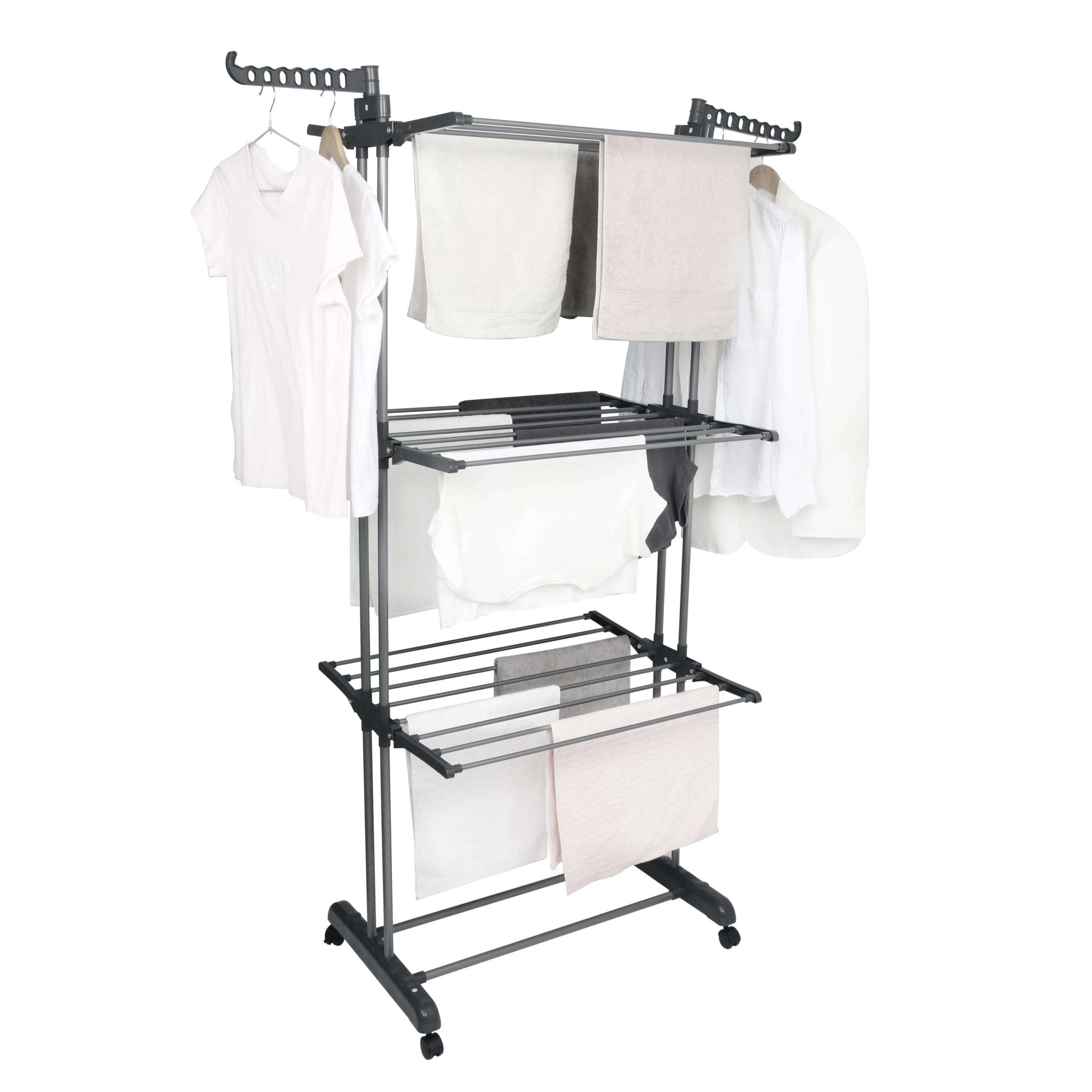 BARGAIN FACTORY Airer Clothes Drying Rack,4-Tier Grey Foldable Clothes Hanger Adjustable Large Stainless Steel Garment Laundry Racks for Indoor Outdoor with Foldable Wings