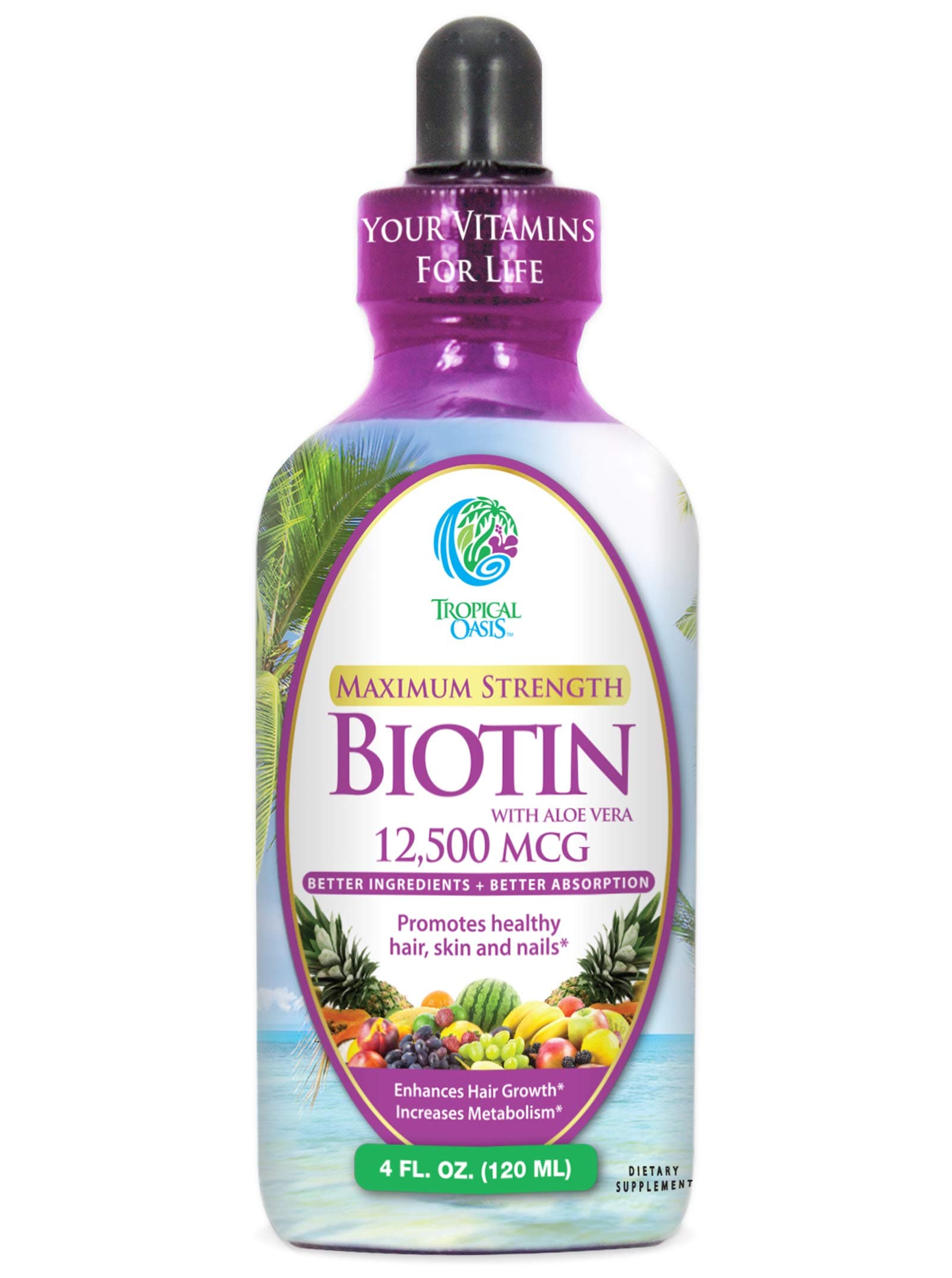Tropical Oasis Maximum Strength Liquid Biotin Drops (4oz, 30 Servings)