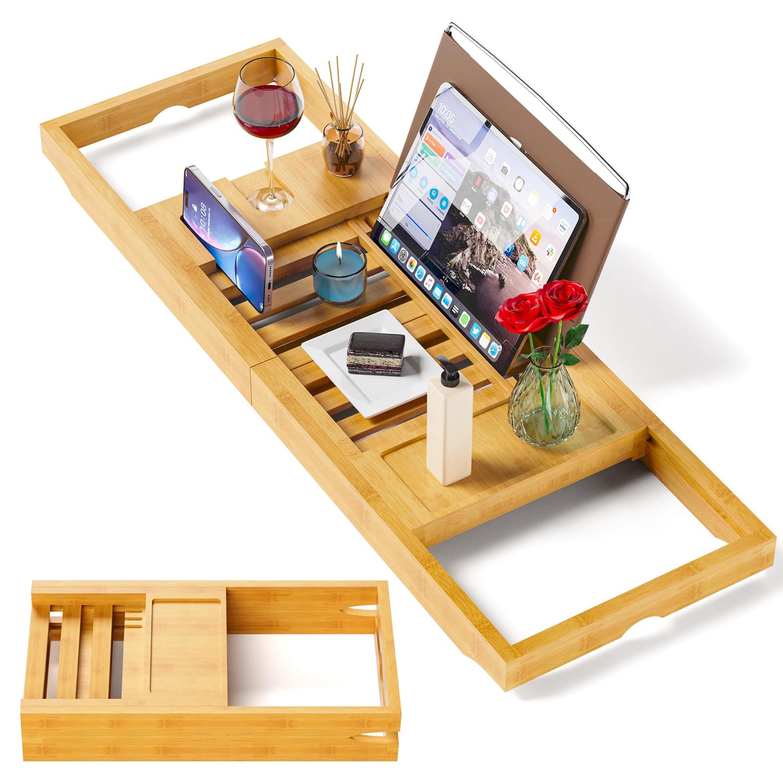 Yirilan Bamboo Bath Tray, Expandable 1 or 2 Person Wooden Bathtub Tray, Luxury Bath Tray, Extendable Bathtub Board, Fabric Bamboo