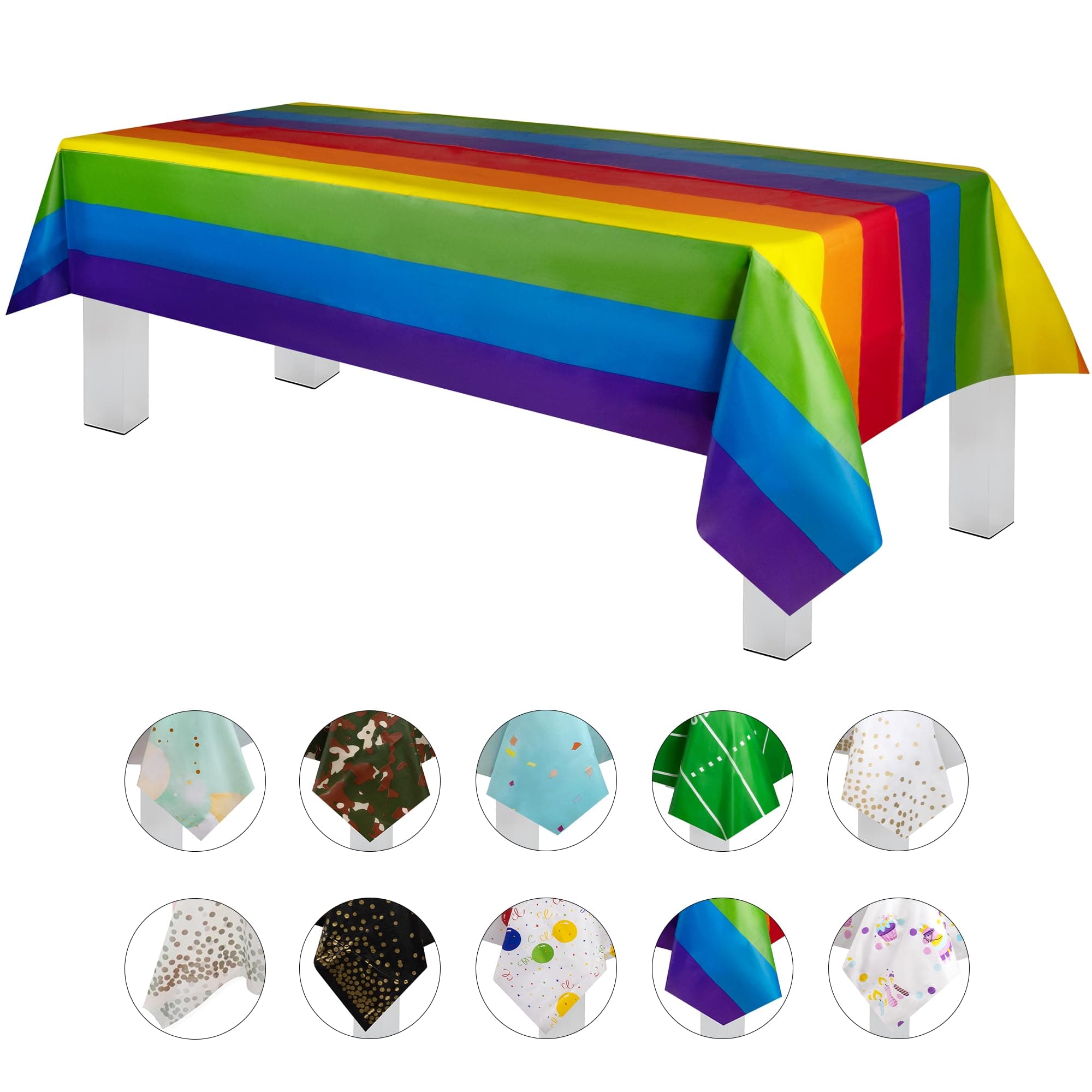 Carnival Pride Rainbow Banner Theme 6 Pack Premium Disposable Plastic Tablecloth 54 Inch. x 108 Inch. Rectangle Table Cover