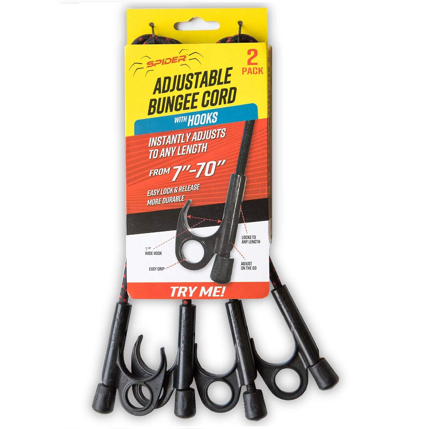 SPIDER Adjustable Bungee Cords with Hooks, 48 Inch Unstretched, 7-70 Inch Stretched - Quick Adjust Hooks - Heavy Duty Tie Down Straps for Outdoor, Truck Beds, Moving, Cargo, Tarp, (2 Pcs)