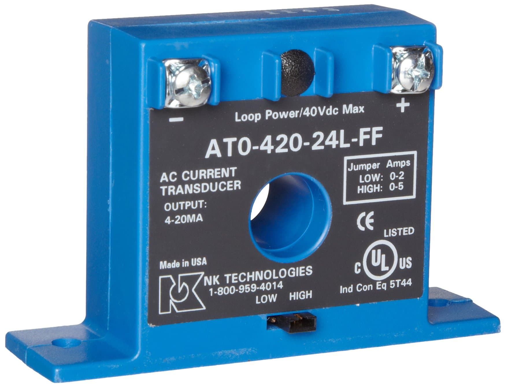 NK Technologies AT0-420-24L-FF AC Current Transducer, Solid-core, Front Term, 4-20mA Output Range, 0-2 & 0-5A Input Range, 12-40VDC Power Supply