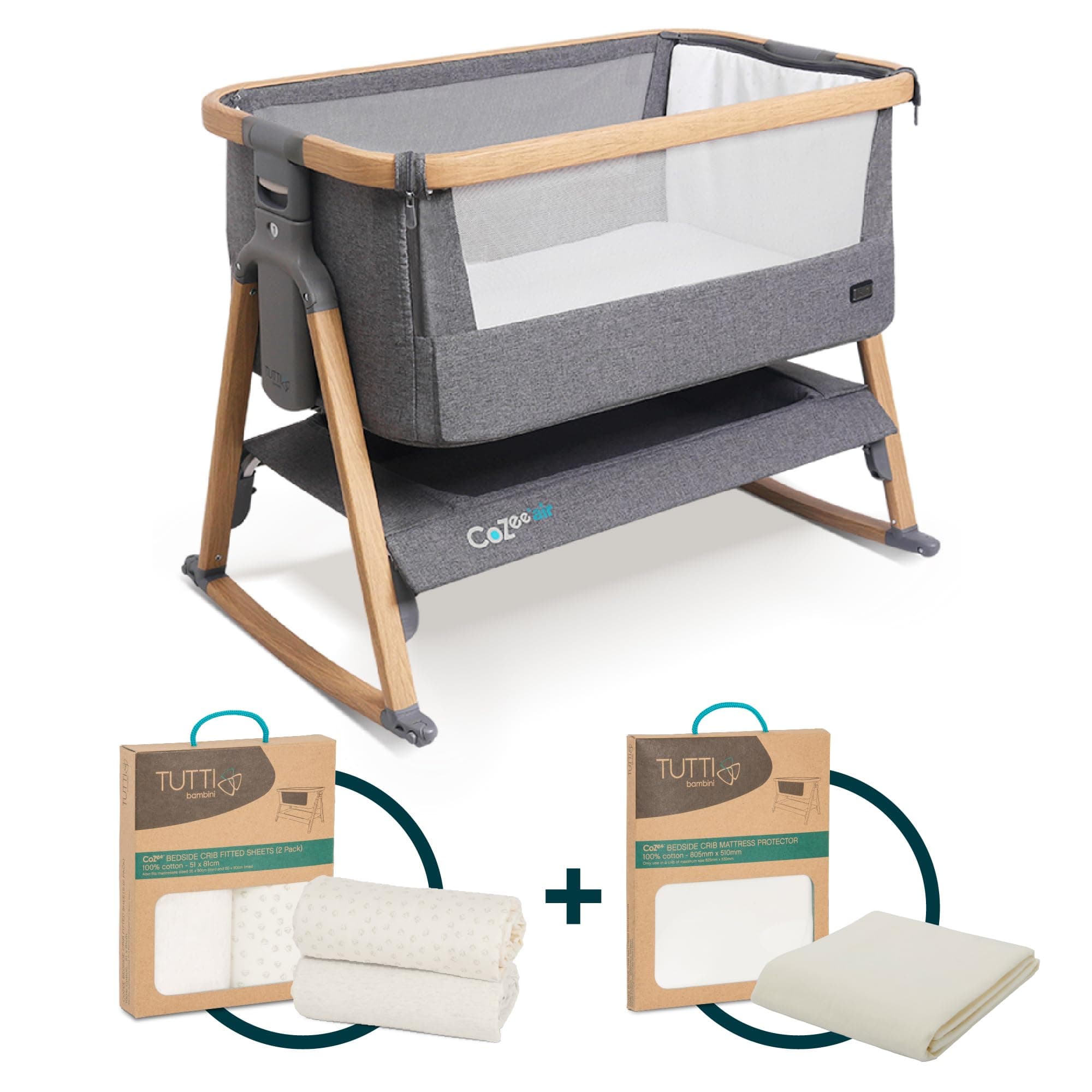 CoZee® Air Crib Bundle - Bedside Crib with 2 Sheets, Mattress Protector, and Mattress Included - Oak & Charcoal crib, Grey/Cloud sheets, Waterproof Protector
