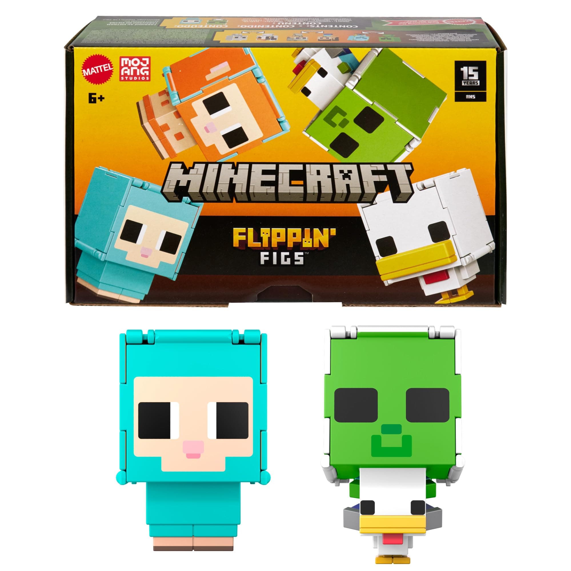 Minecraft Flippin’ Figs Sheep & Chicken Figures 2-Pack with 2-in-1 Fidget Play, Large Heads & Pixelated Design, HXK17