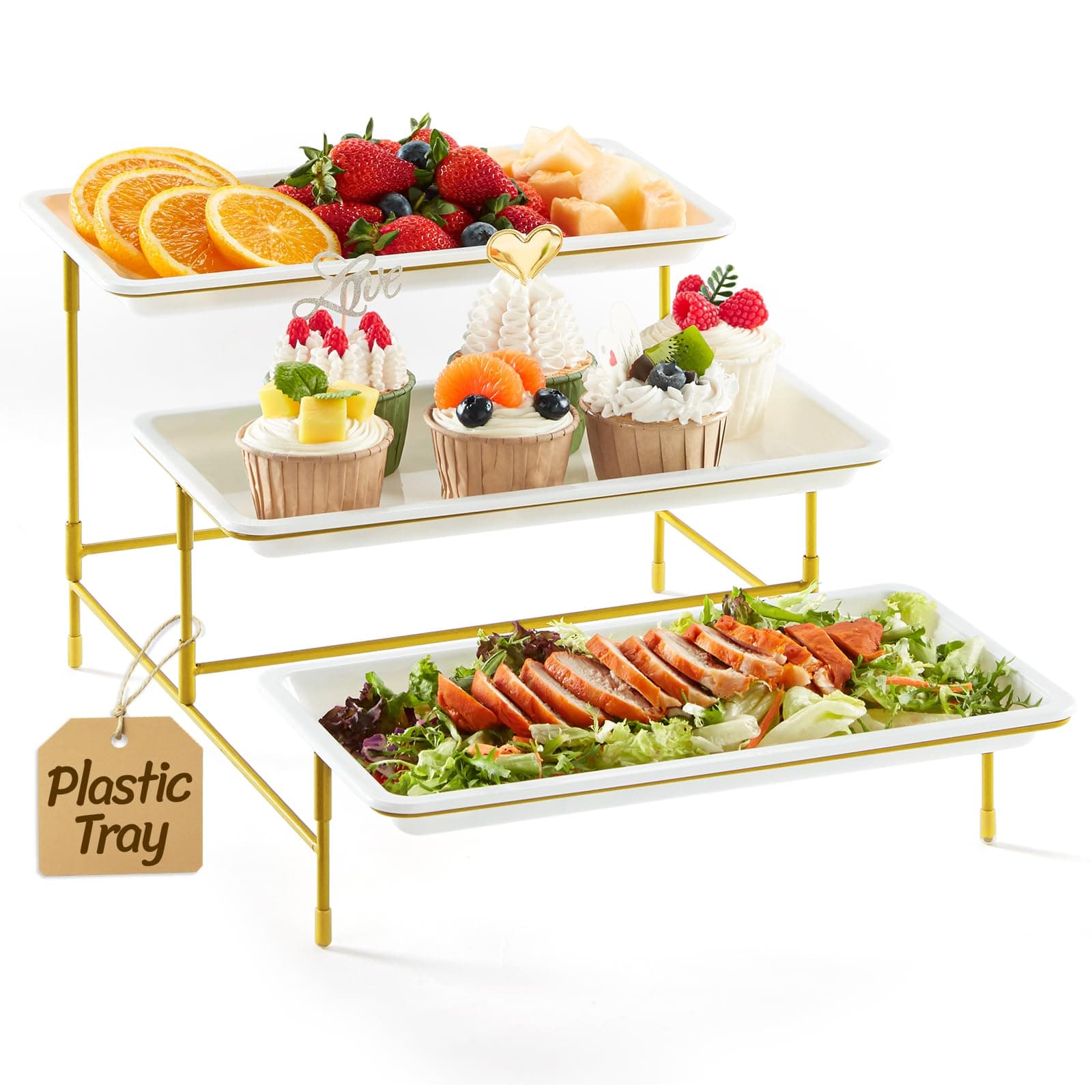 Lifewit 3 Tier Serving Tray, 12 x 6.5" Plastic Platters for Parties, White Reusable Trays with Gold Metal Display Stand for Afternoon Tea, Buffets, Cake, Snack, Veggie, Fruit, Cookies, Dessert