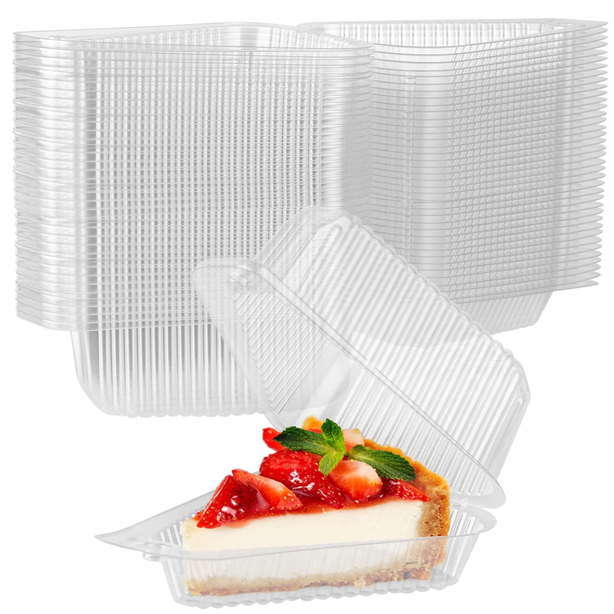 Stock Your Home Cake Slice Container (50 Pack) - 1 Compartment Clear Plastic Trays with Hinged Lid - Single Slice Container for 7”-10” Diameter Cake or Pie, Cheesecake, Tres Leches, Flan, Desserts