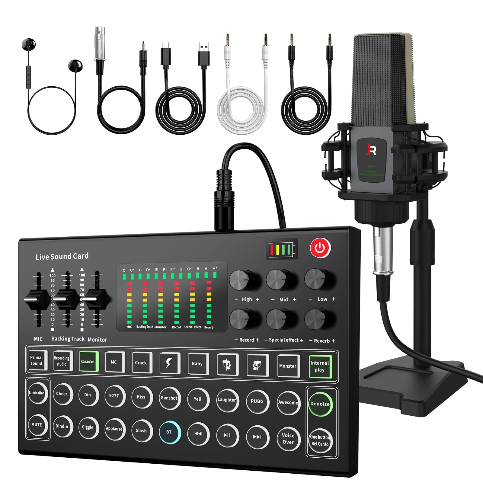 M9 Podcast Equipment Bundle, All-in-One Starter Kit with Condenser Microphone & Tripod, Support Guitar or Bass Connection, 8H Battery, Portable Sound Mixer for TikTok, YouTube, PC, Smartphone