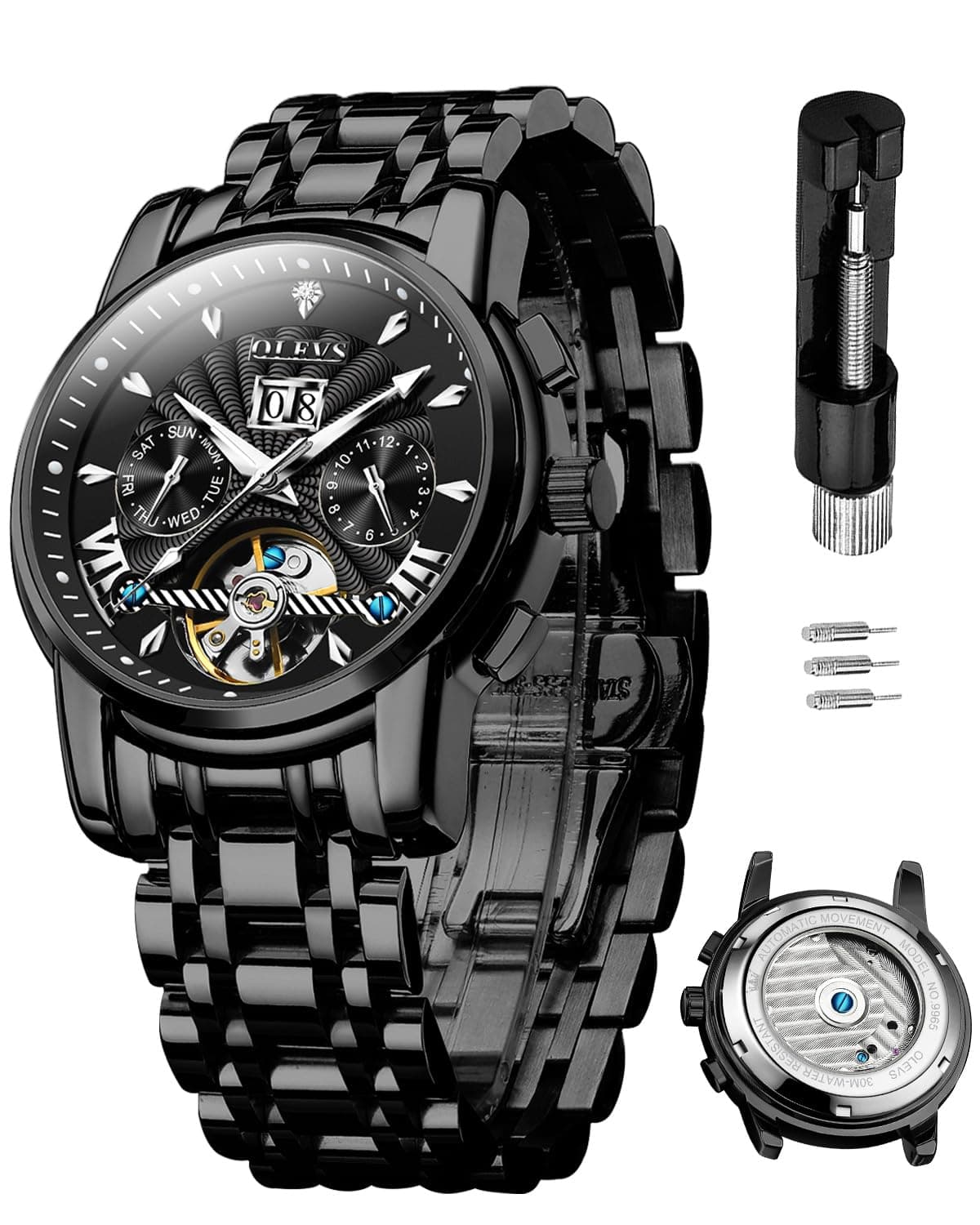 OLEVS Watches for Men Automatic Skeleton 5 Hands Mechanical Luxury Watch Classic Calendar Stainless Steel Waterproof Mens Wrist Watch