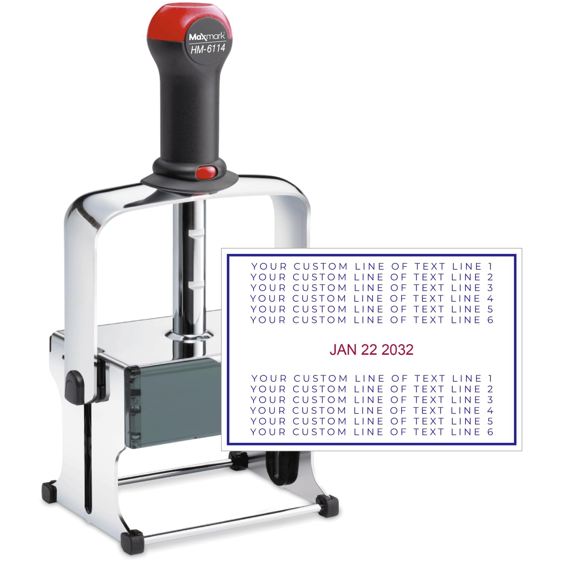 MaxMark Super Heavy Duty Date Stamp with 12-Line Custom Text, Self Inking Date Stamp - 6114 - Choose from Many Font and Color Options