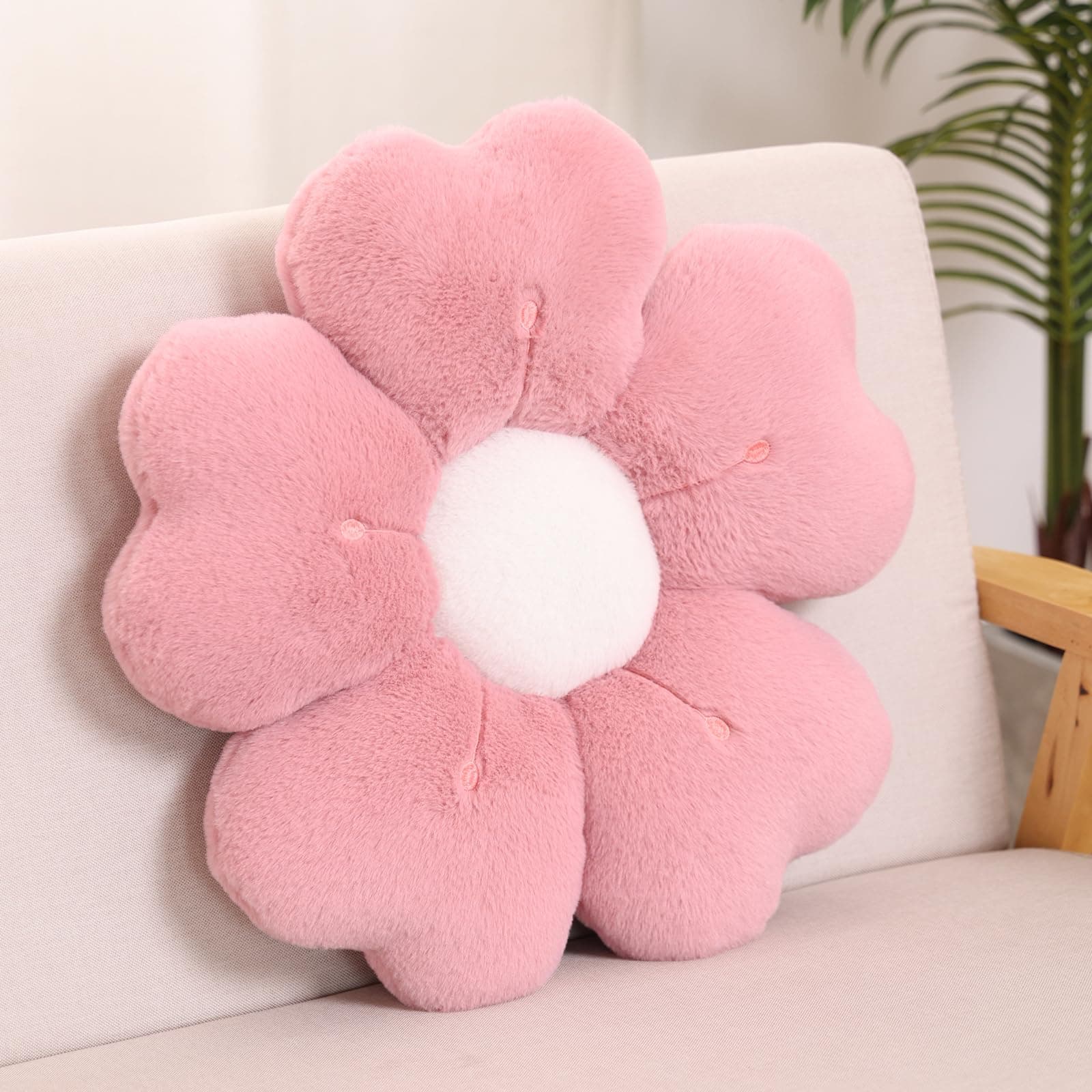 Flower Shaped Pillow, Cute Decorative Throw Pillow with Soft Artificial Rabbit Fur for Couch Bed Chair Floor, Flower Pillows Seating Cushions with Room Décor for Bedroom Living Room (19.6" Dusty Pink)