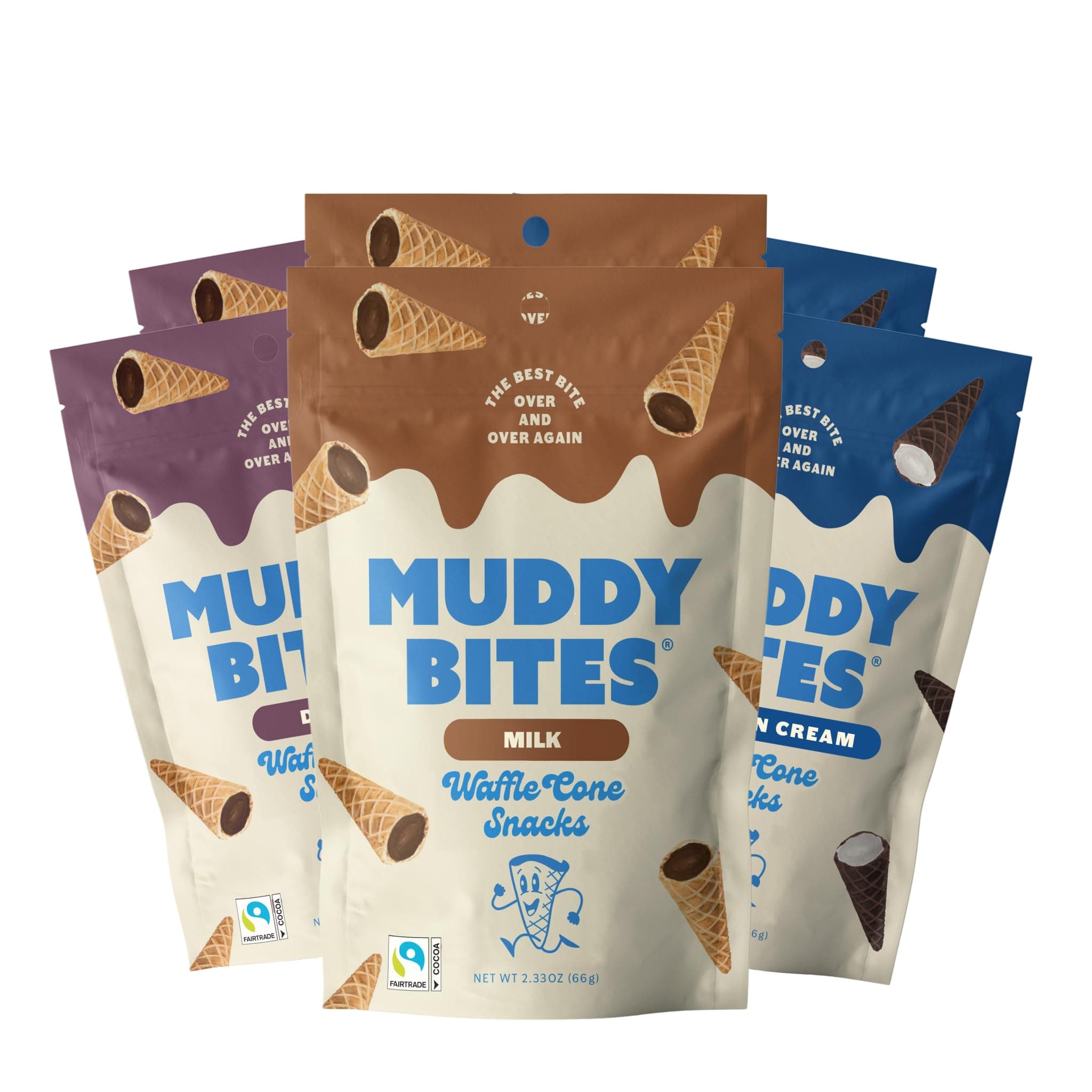 Muddy Bites Waffle Cone Snack Bites Bite Size Filled Corn Bite for Snacks and Desserts Milk, Dark Cookies & Cream, Sugarcane Sugar, Kosher Fair Trade Certified (Variety Pack, 6 Bags)