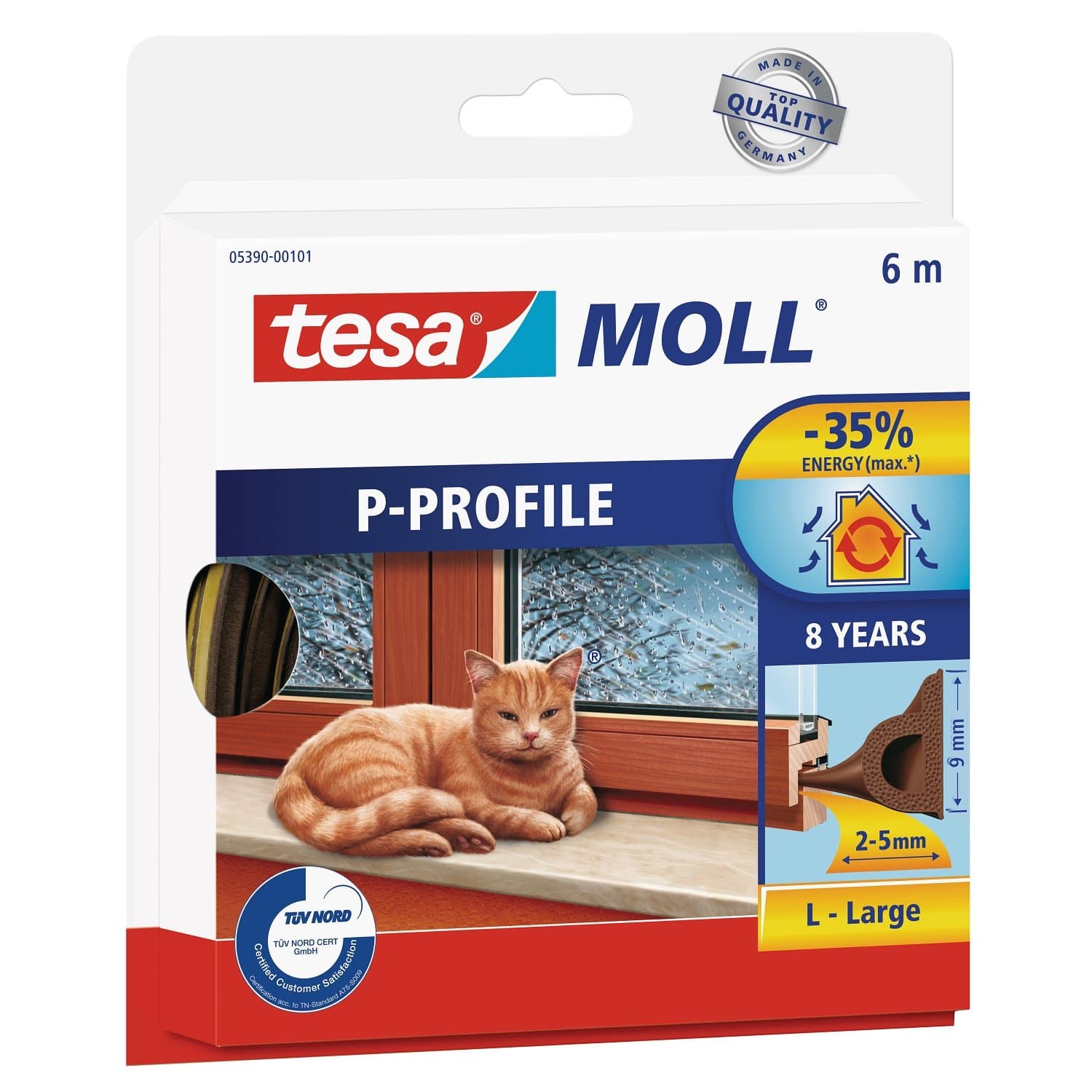 tesamoll E-Profile Seal - Self Adhesive Rubber Draught Excluder for Insulating Gaps in Windows and Doors - White - 6 m x 9 mm