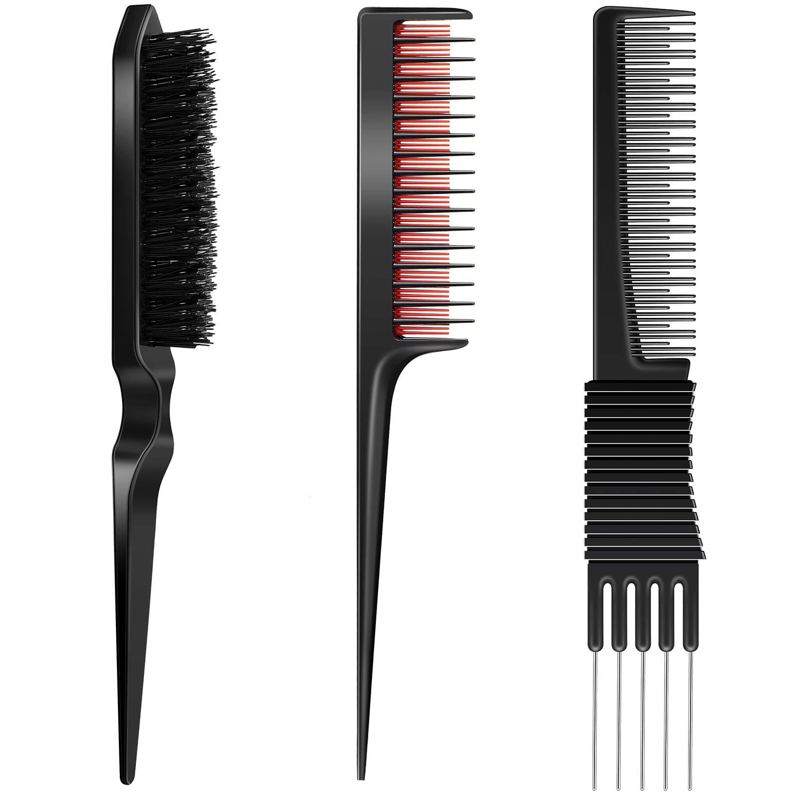 3 Pieces Pick Teasing Combs Hair Brush Set Includes Black Carbon Lift with Metal Prong, Triple Pin Rat Tail Comb, Nylon Bristle Hair Brush for Women(Black and Red)