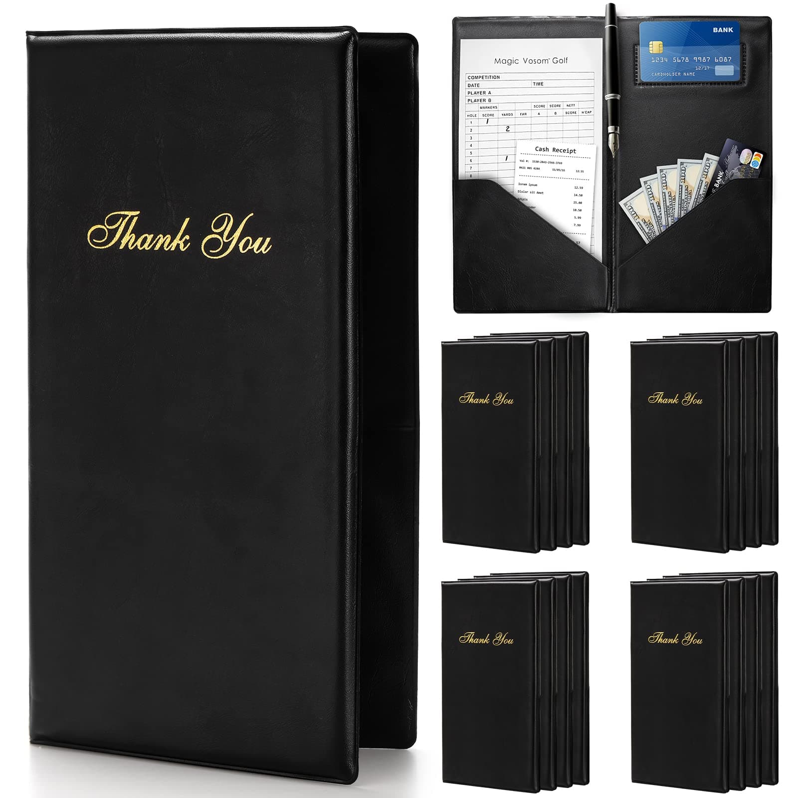 Lyellfe 12 Pack Restaurant Check Presenters, Guest Check Card Holder, PVC Leather Check Presenters for Servers, Black with Gold Thank You Imprint, Ideal for Restaurants, Cafe Bar Eatery