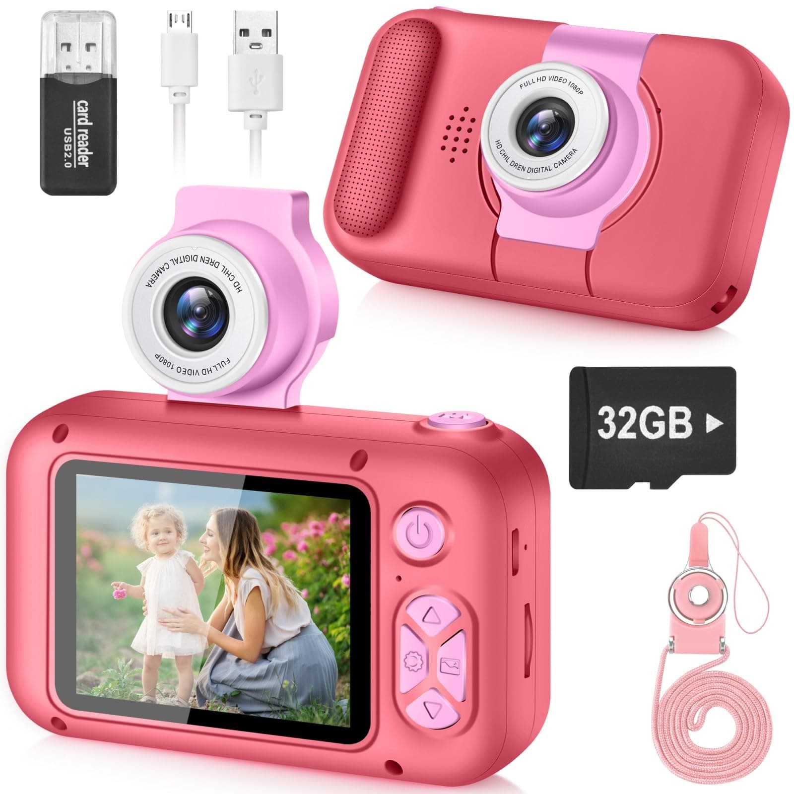 Kids Camera with Selfie Feature, 180° Rotating Lens, Digital Camera for Children, Toy with 2.4-Inch Screen, Includes 32GB Card, Suitable for Ages 3-12, Birthday Present, Christmas Gift for