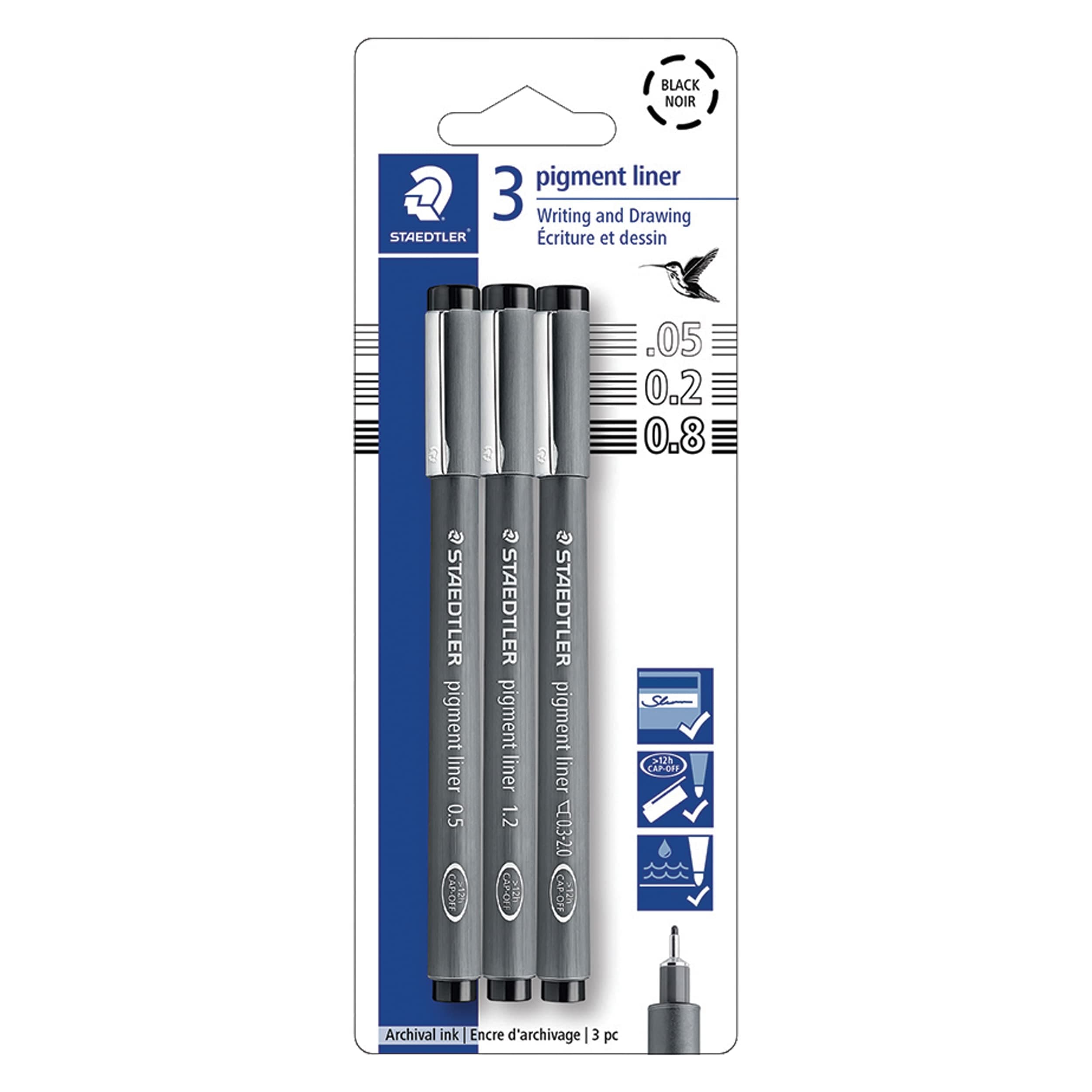 Pigment Liner Pack, Black, 3 Pens, Assorted Line Widths 0.5mm/1.2mm/Chisel, 308-9S2BK3