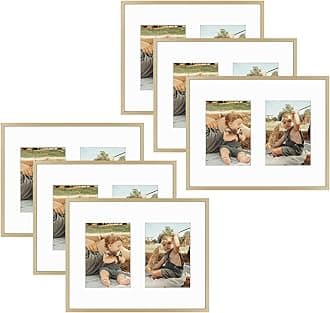 Golden State Art, 7x5 Aluminum Collage Frame, Displays 5x7 Pictures With 2 Openings Mat or One 11x14 Photo, Real Glass, Portrait/Landscape Wall Display, Gold, 6 Pack