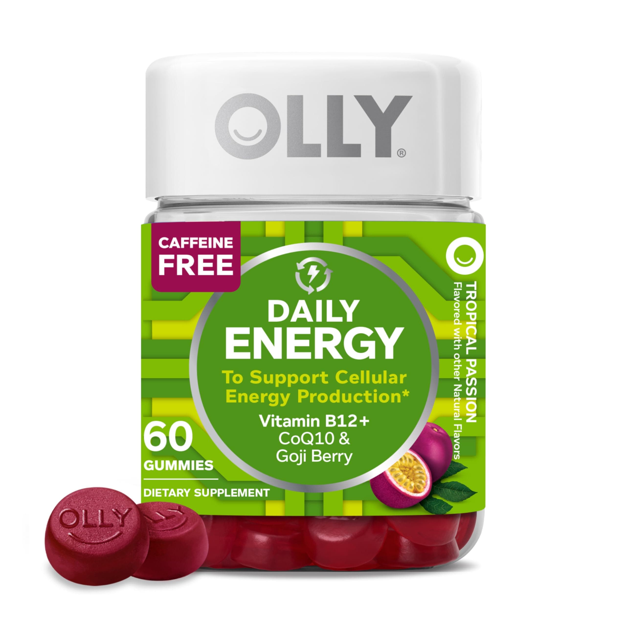 Daily Energy Gummy, Caffeine Free, Vitamin B12, CoQ10, Goji Berry, Adult Chewable Supplement, Tropical Flavor - 60 Count