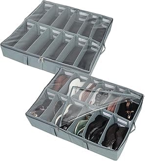 DOUBLE R BAGS Under Bed Shoe Organizer with Zipper | 12 Compartments | Dustproof Space-Saving Storage Box for Sneakers, Heels & Boots | N/W Grey (72x61x13 cm) Pack of 2