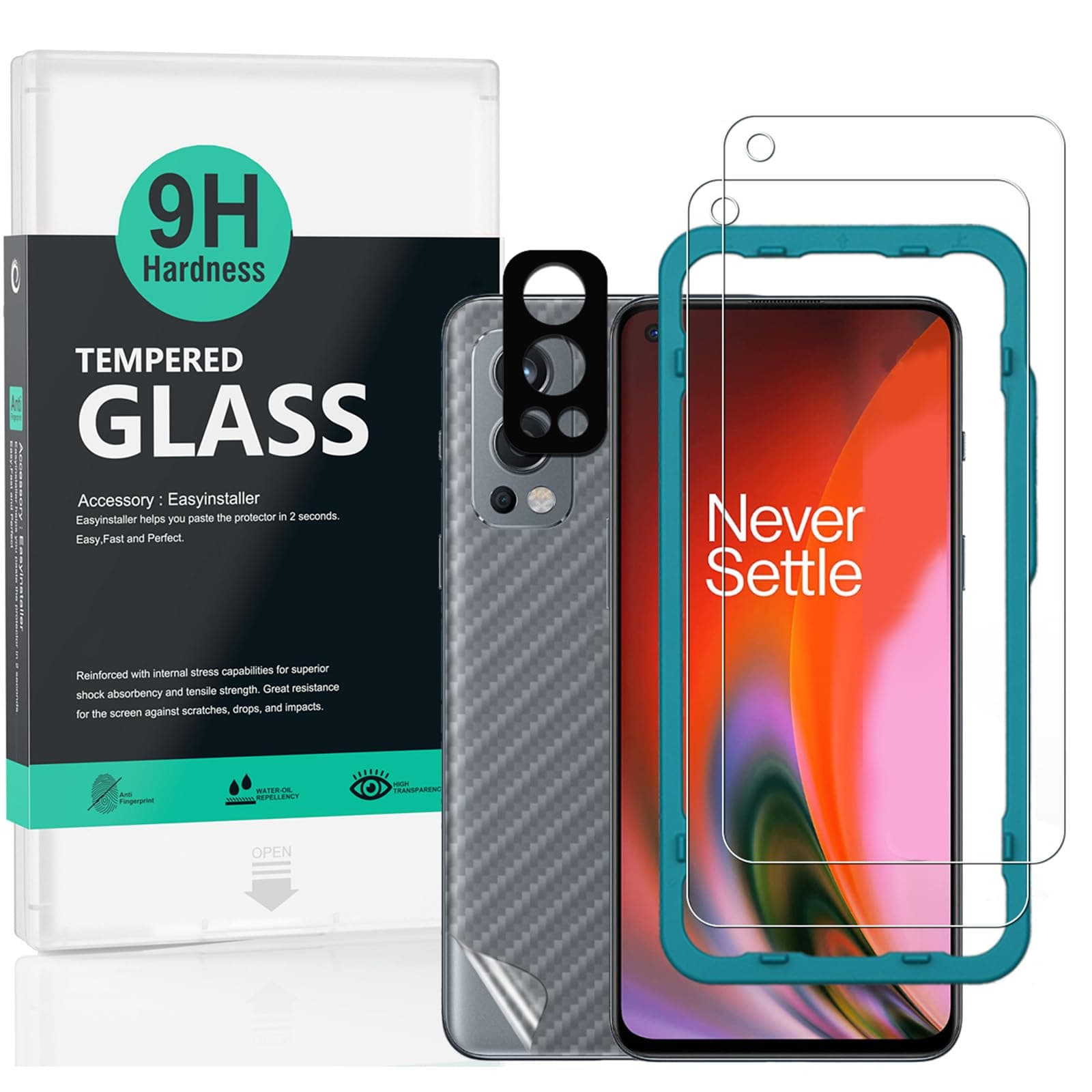 IBYWIND For Oneplus Nord 2 5G Screen Protector,2 Pack 9H Hardness Tempered Glass,With 1Pc Camera Lens Protector,1Pc Back Carbon Fiber Film,Easy to install