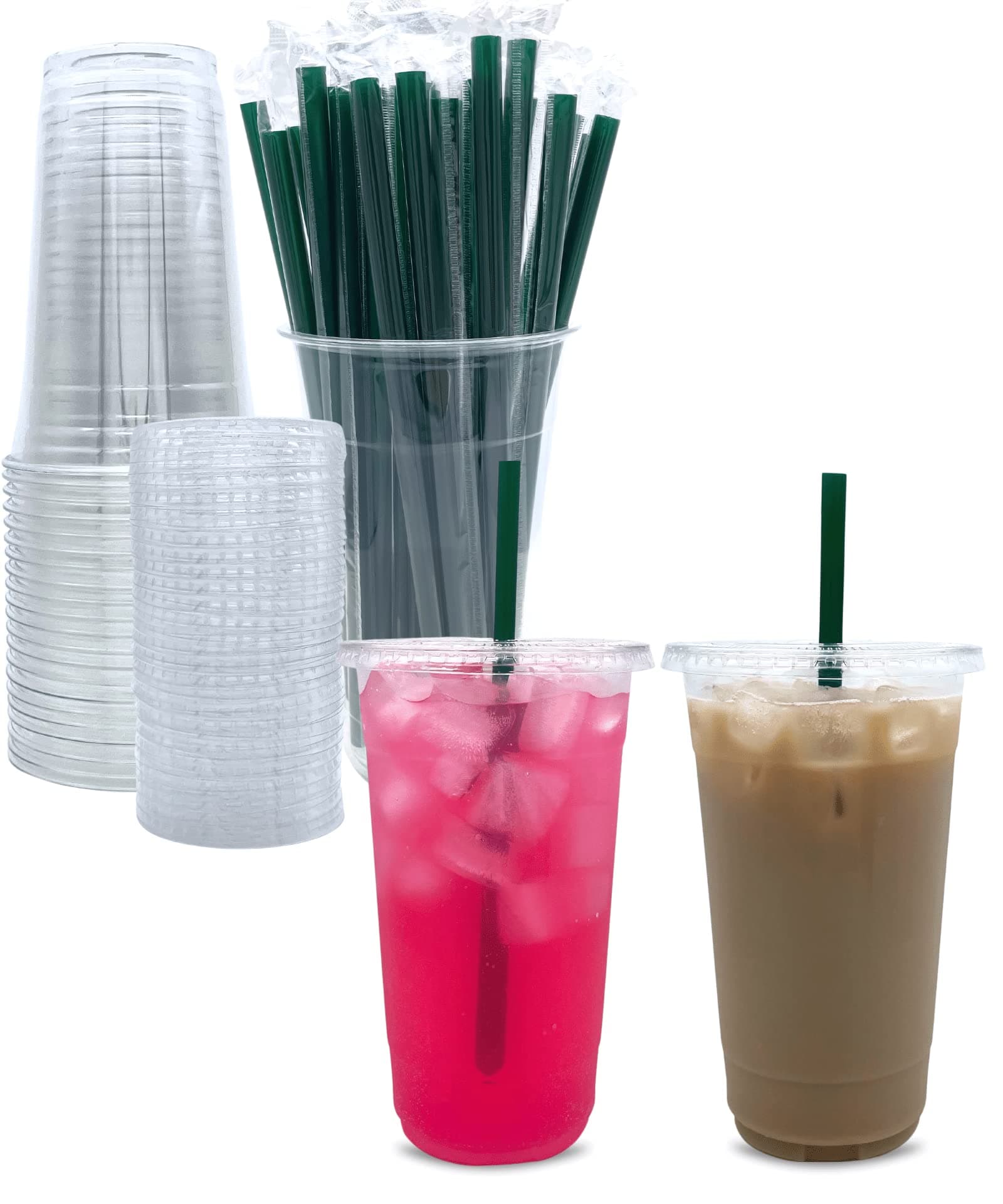 Aatriet [50 Sets] 32 oz Clear Plastic Cups with Lids and STRAWS, Disposable Party Cups for To Go Iced Coffee Cold Drinks, Smoothie, Juice, Parfait, Frappuccino, Milkshake. No Leaking Fruit Cup