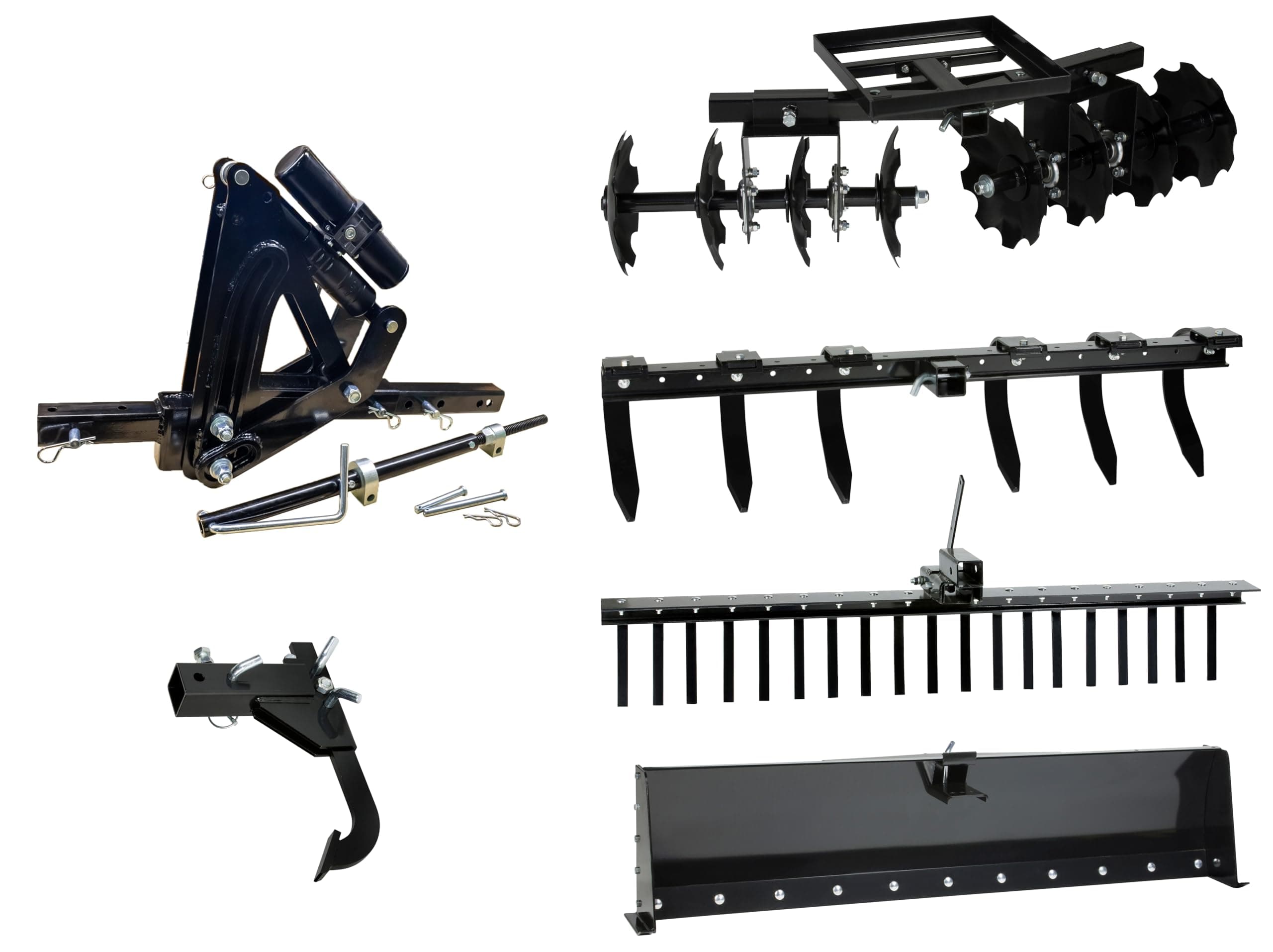IMPACT IMPLEMENTS® 6-Piece Hydraulic Implement Kit for ATV, UTV, and Garden Tractors - Includes Hydraulic Lift, Landscape Rake, Cultivator, Box Blade, Disc Plow, and Middle Buster.