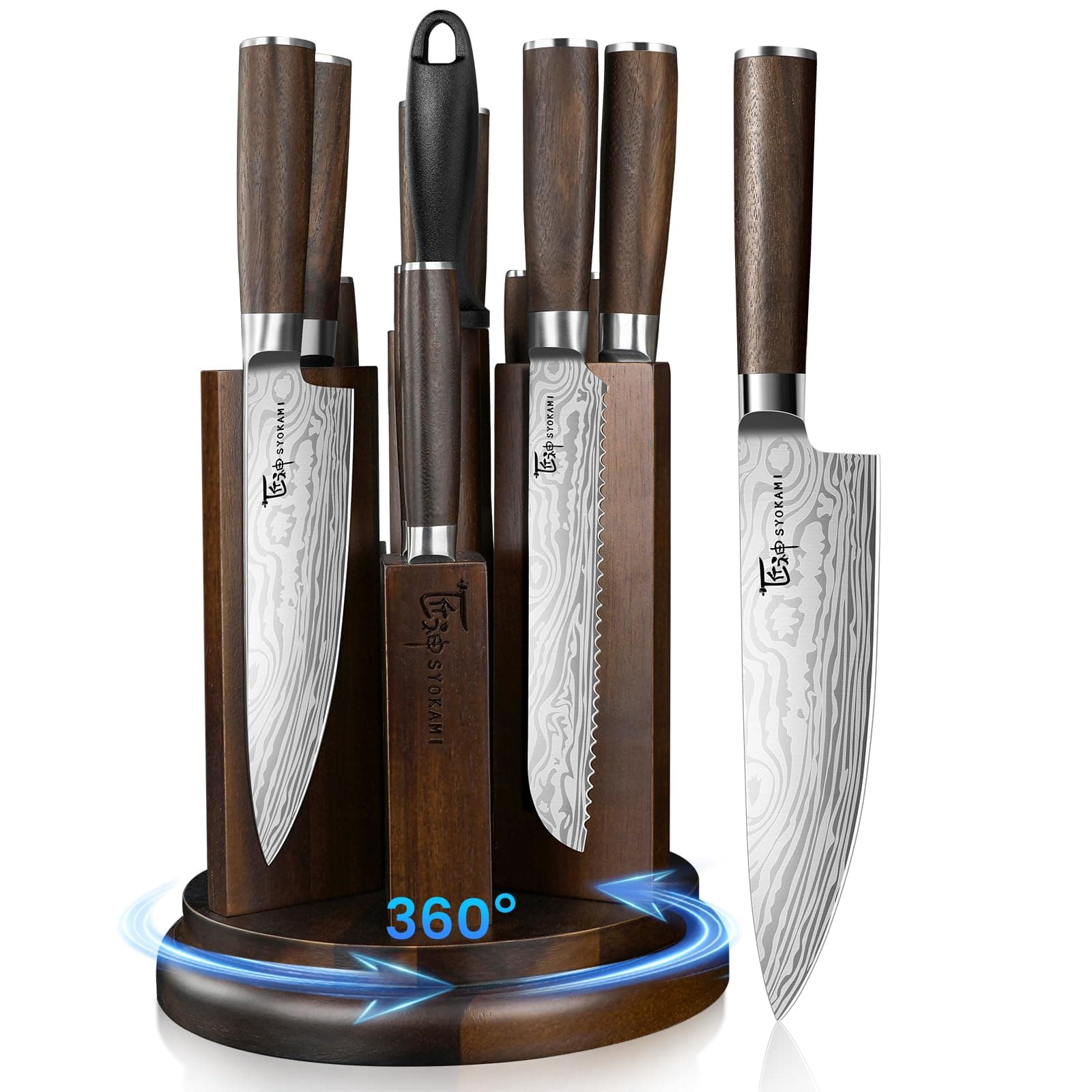 Kitchen Knife Set with Magnetic Block and Sharpener 14 Piece Knife Set 360° Rotatable Holder Ultra Sharp High Carbon Stainless Steel Knives Sets with Steak Knives, Gift for Mom