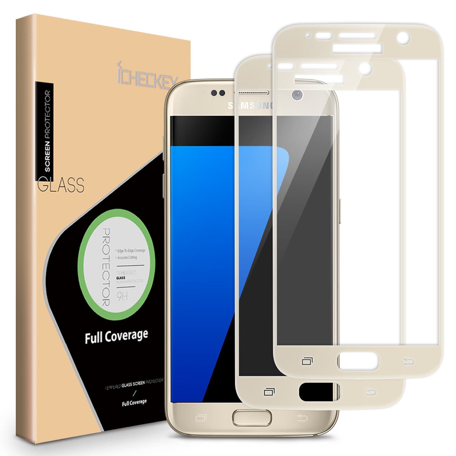 ICHECKEY 2-Pack Samsung Galaxy S7 Screen Protector, 2.5D Full Coverage Tempered Glass Screen Protector Cover for Samsung Galaxy S7-Gold