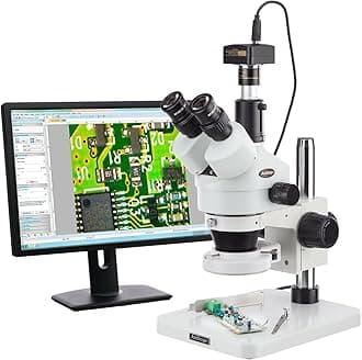 AmScope SM-1TS-144S-M Digital Professional Trinocular Stereo Zoom Microscope, WH10x Eyepieces, 7X-45X Magnification, 0.7X-4.5X Zoom Objective, 144-Bulb LED Ring Light, Pillar Stand, 110V-240V, Includes 1.3MP Camera with Reduction Lens and Software