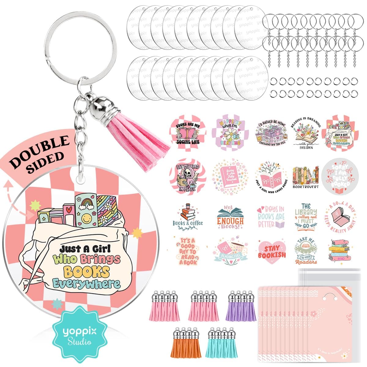 140 PCS Acrylic Keychain Blank Set, Book Double-Sided UV DTF Stickers Acrylic Keychain Making Kits for Vinyl DIY Craft Project
