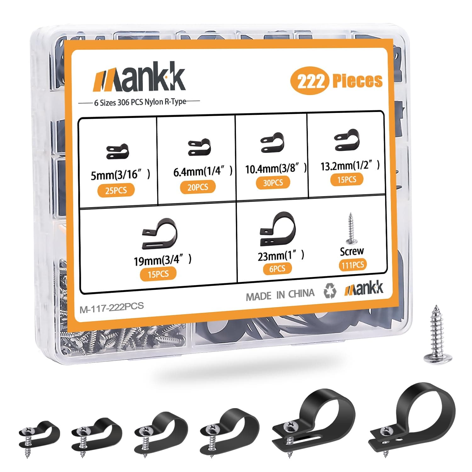 mankk 222PCS Cable Clips Wire Clips Assortment Kit Nylon Plastic R-Type Cable Clamps 6 Sizes (3/16'' 1/4'' 3/8'' 1/2'' 3/4'' 1'') Wire Mounting Clips with Screws for Cable Management