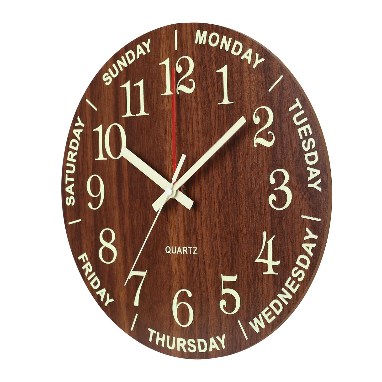 Wall Clock 12 Inch Brown Weekly Wall Clock Silent Battery Operated Luminous Hands Retirement Elderly Wooden Glow in The Dark Clock