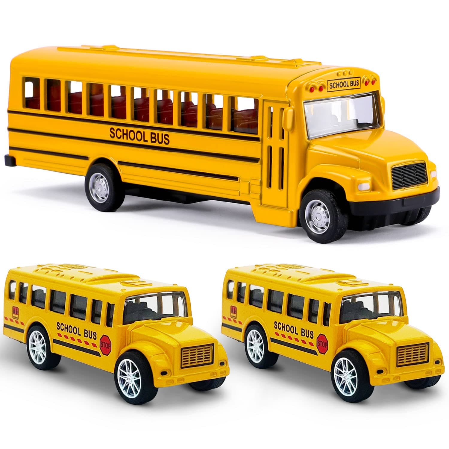 3 Pack Pull Back School Bus Playset, Die-cast Metal Toy Vehicles with Bright Yellow for Boys Girls Kids Toddlers
