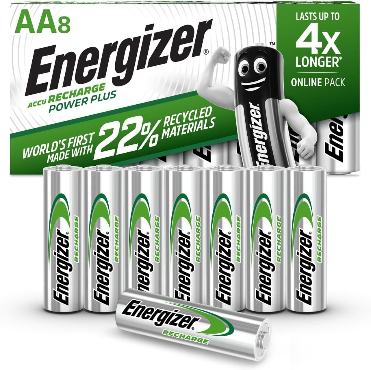 Energizer Recharge Power Plus - Rechargeable AA Batteries (8 Pack) - 2000 mAh NiMH Triple A Battery - 100% Recyclable Plastic Free Packaging