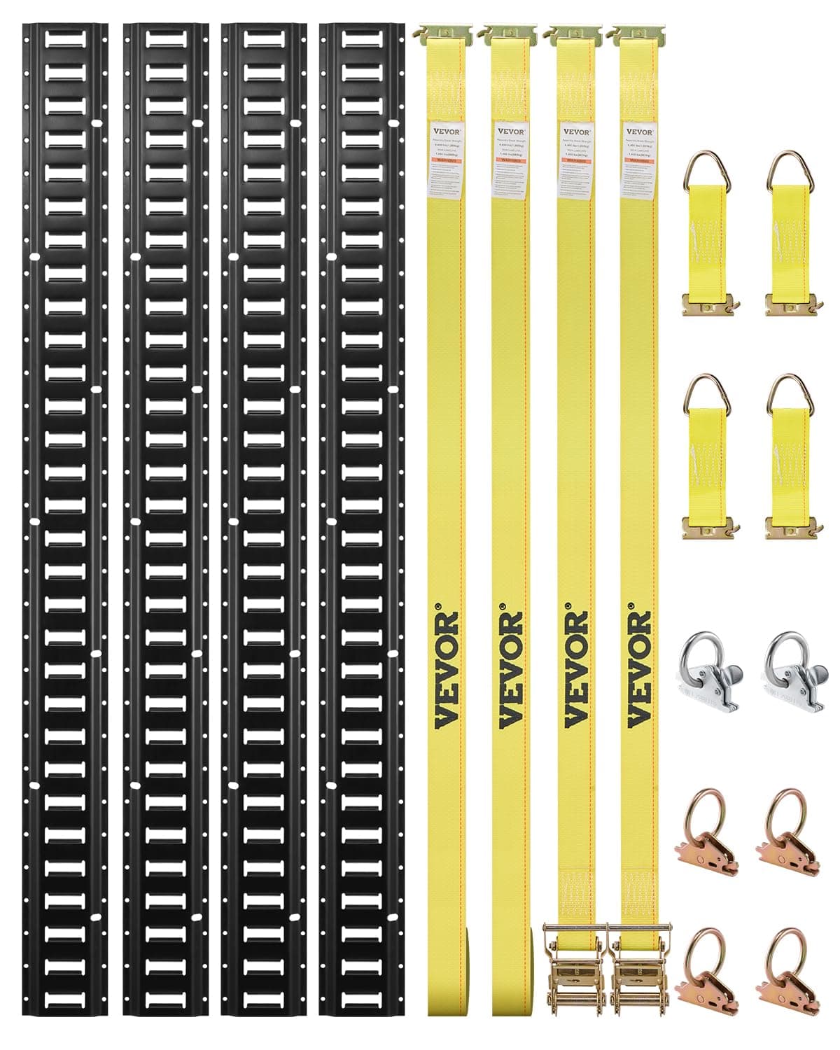 E-Track Tie-Down Rail Kit, 5' E Tracks Set, 16Pcs Includes 4 Steel Rails & 2 Single Slots & 6 O-Rings & 4 Tie-Offs w/D-Ring & 2 Ratchet Straps, Cargo Motorcycles Bikes Securing Accessories