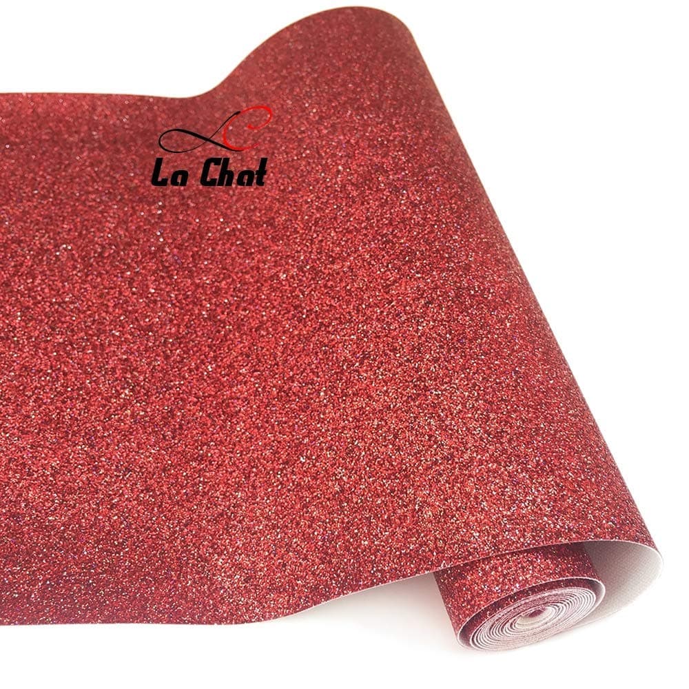 La Chat 8” x 53” (21cm x 135cm) Roll Sparkly Superfine Glitter Vinyl Fabric Fine Glitter PU Leather Canvas Back Material for Shoes Bag Sewing Patchwork DIY Bow Craft Applique(red)