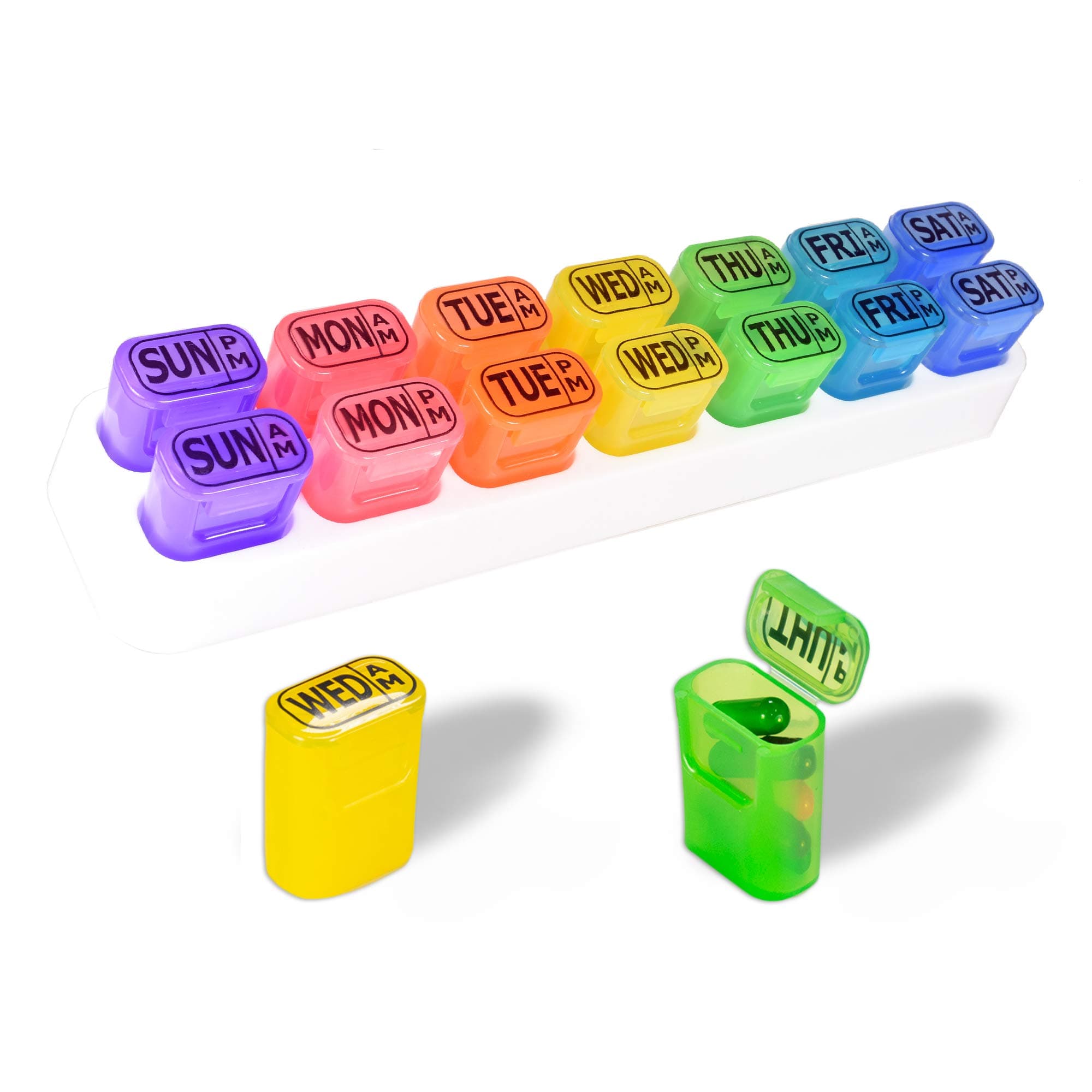 GMS 7 Day AM/PM Pill Organizer - Weekly Pill Reminder with Pop Out Pill Pods for Medication Management - for Medication, Vitamins, Supplements, and Other Pills (Rainbow)