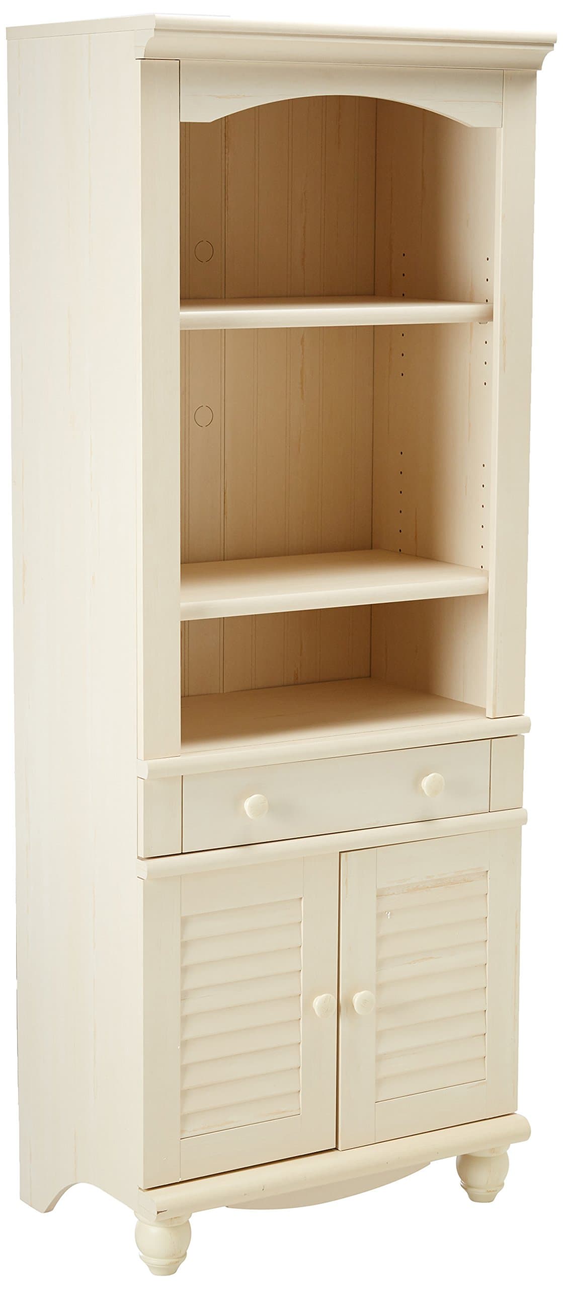 Sauder Harbor View Library with Doors, Antiqued White Finish