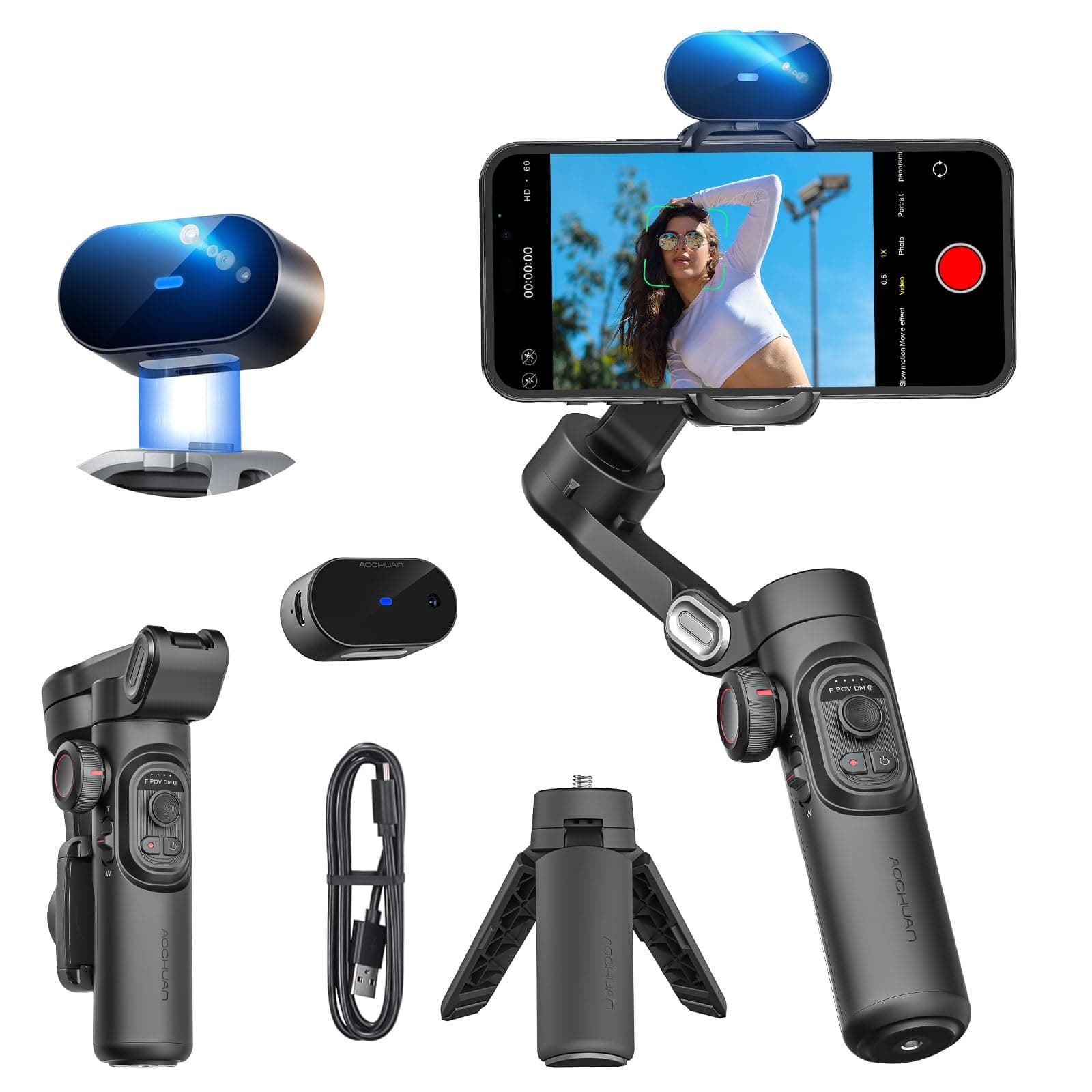XE AI Version, 3-Axis Foldable Smartphone Gimbal Stabilizer, AI Tracking, Gesture Control, Inception Mode, Compatible with iPhone & Android, Black, USB or Lightning Connector