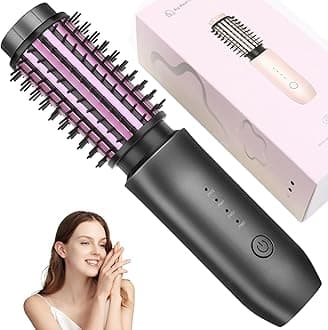 Cordless Curling Iron Brush, 2 in 1 Cordless Hair Curler and Straightener Brush, 7000Mah Portable Travel Iron Mini, Rechargeable Curling Wand with Negative Ion, 150℃-210℃ (Gery)