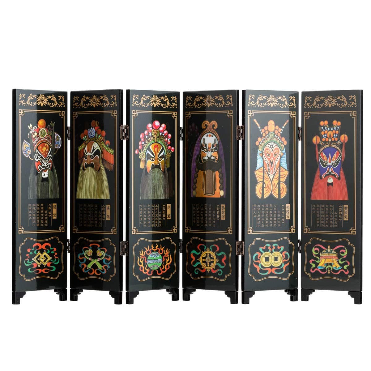 TJ Global MINI 9.5 INCH Tall 6-Panel Traditional Chinese Art for Home Decoration - Decorative Lacquerware, Home Decor, Lacquer, Oriental, Mini Divider (Opera Masks)