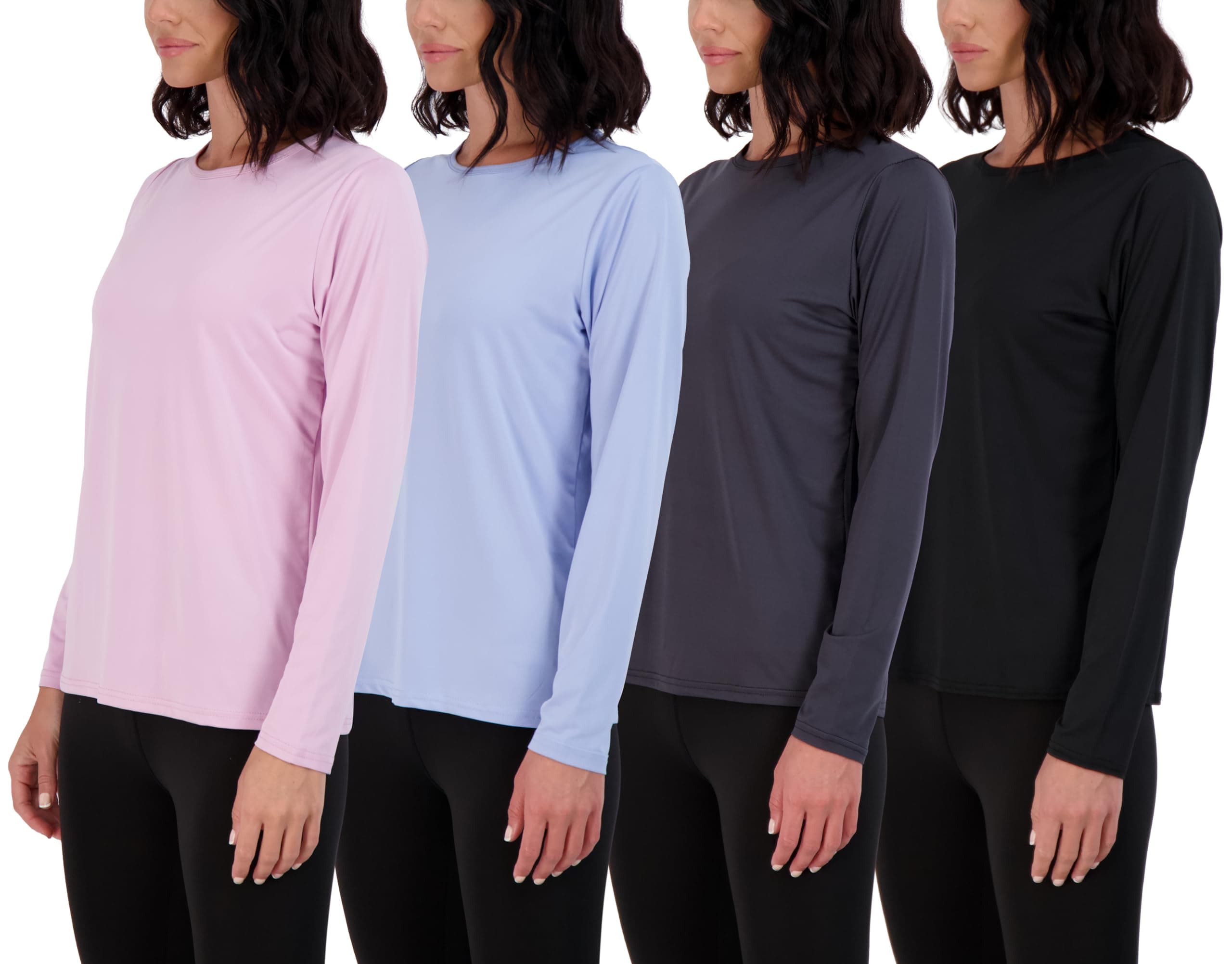 Real Essentials4 Pack: Women's Dry-Fit Tech Stretch Long-Sleeve Athletic Workout T-Shirt (Available in Plus Size), Set 3, Small