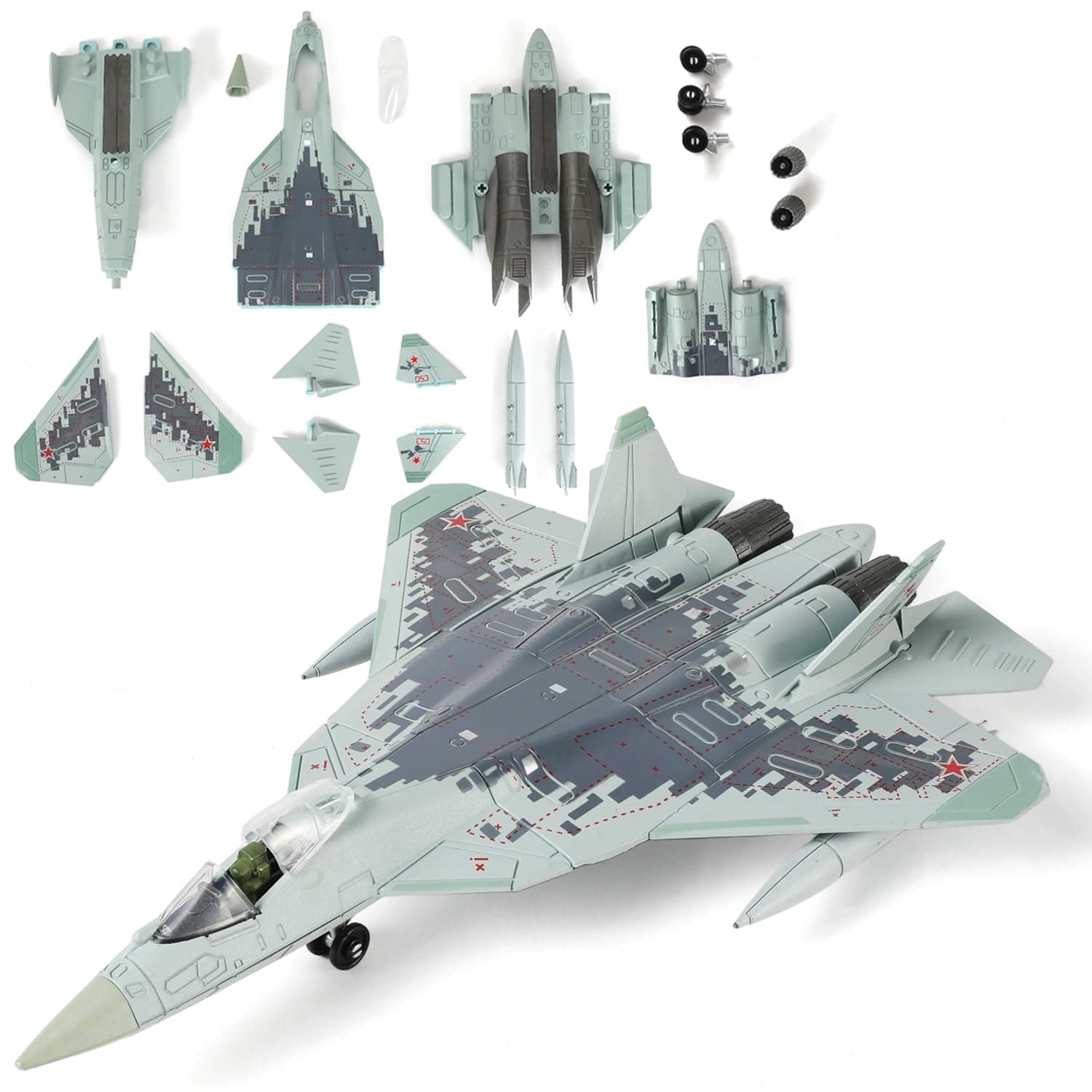 1:72 Scale SU-57 Fighter Jet Quick Build Model Kit Plastic Millitary Jet Toy Plane Assembly Aircraft Model with Stand Gift for Adults and Kids (31 Pieces)
