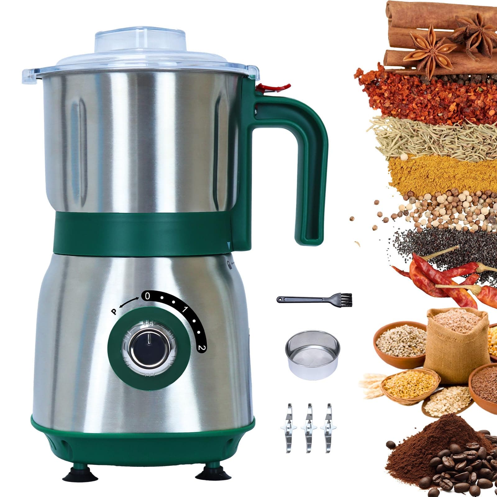 Versatile Kitchen Grinder | 500W Electric Mill | Grinds Spices, Nuts, Grains, Coffee | 3 Stainless Steel Blades | Wet & Dry Use (Green)