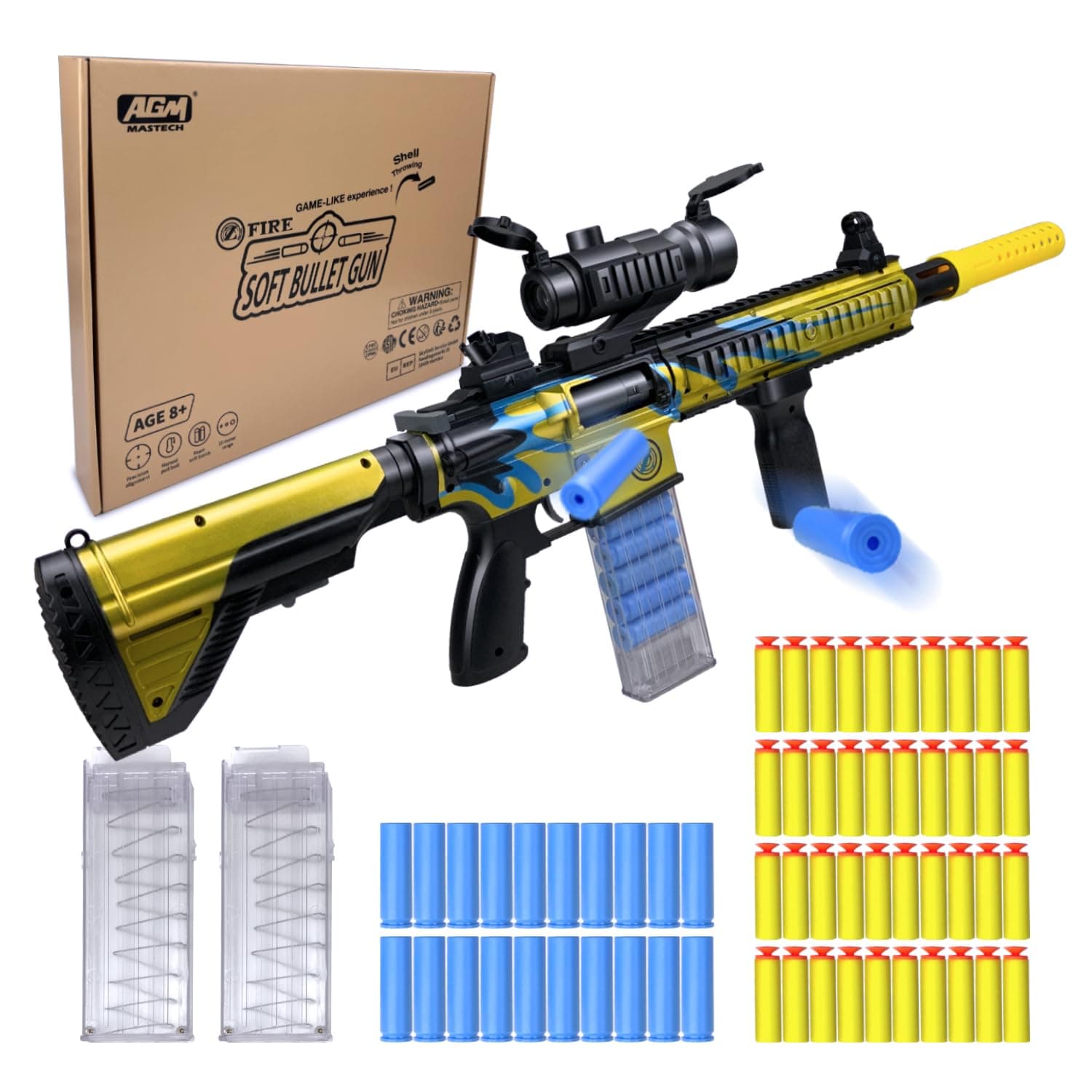 – AGM MASTECH Shell Ejecting Blaster Toy with 40 Official Darts,2 Clip Magazine,4 Assembly Methods,Gun Toys for 8 ages up Boys,Kids,Teens and Adults, Outdoor,birthday gift (Gold)