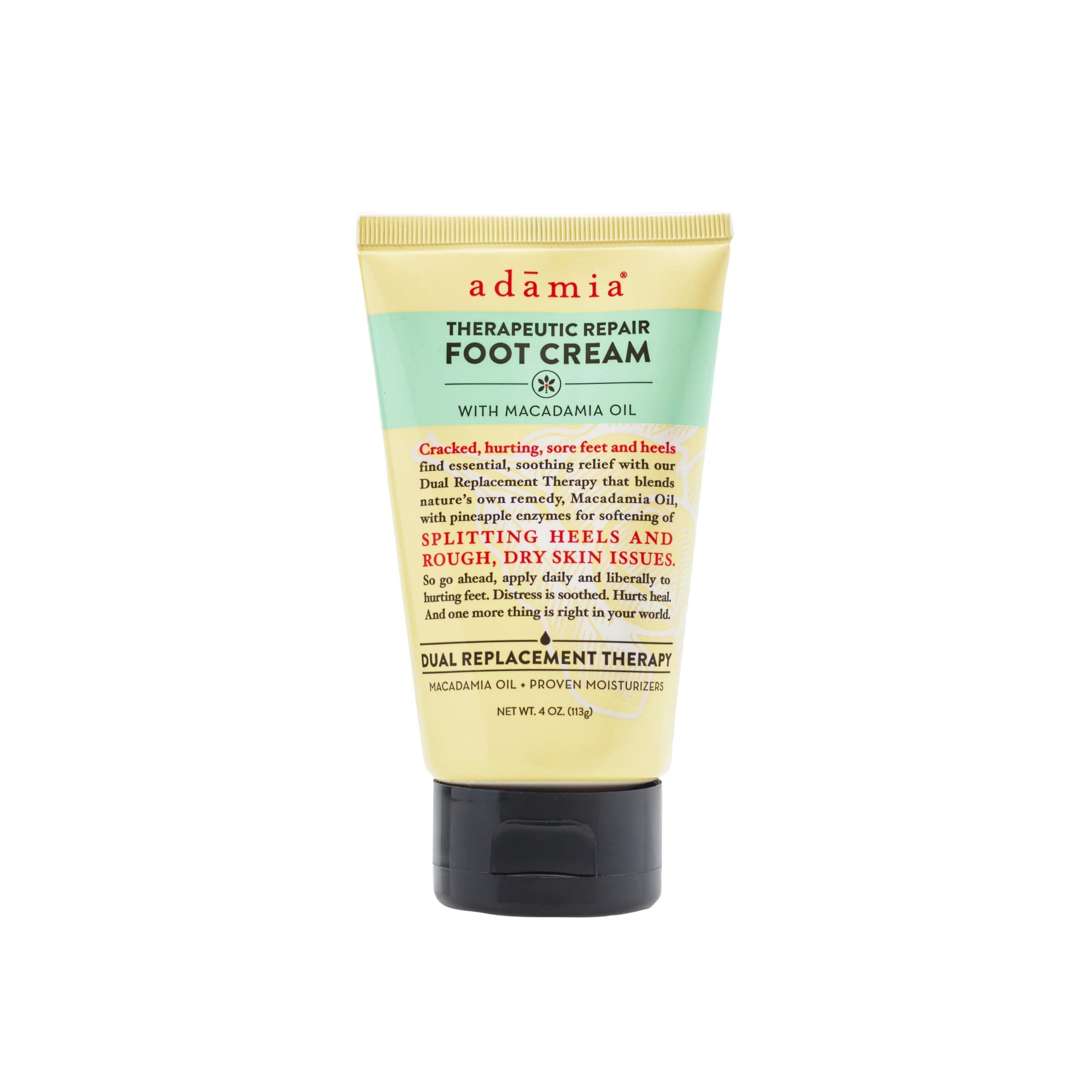 Adamia Therapeutic Repair Foot Cream with Pure Macadamia Oil, 4 Ounce Tube - Fragrance Free, Paraben Free, Non GMO