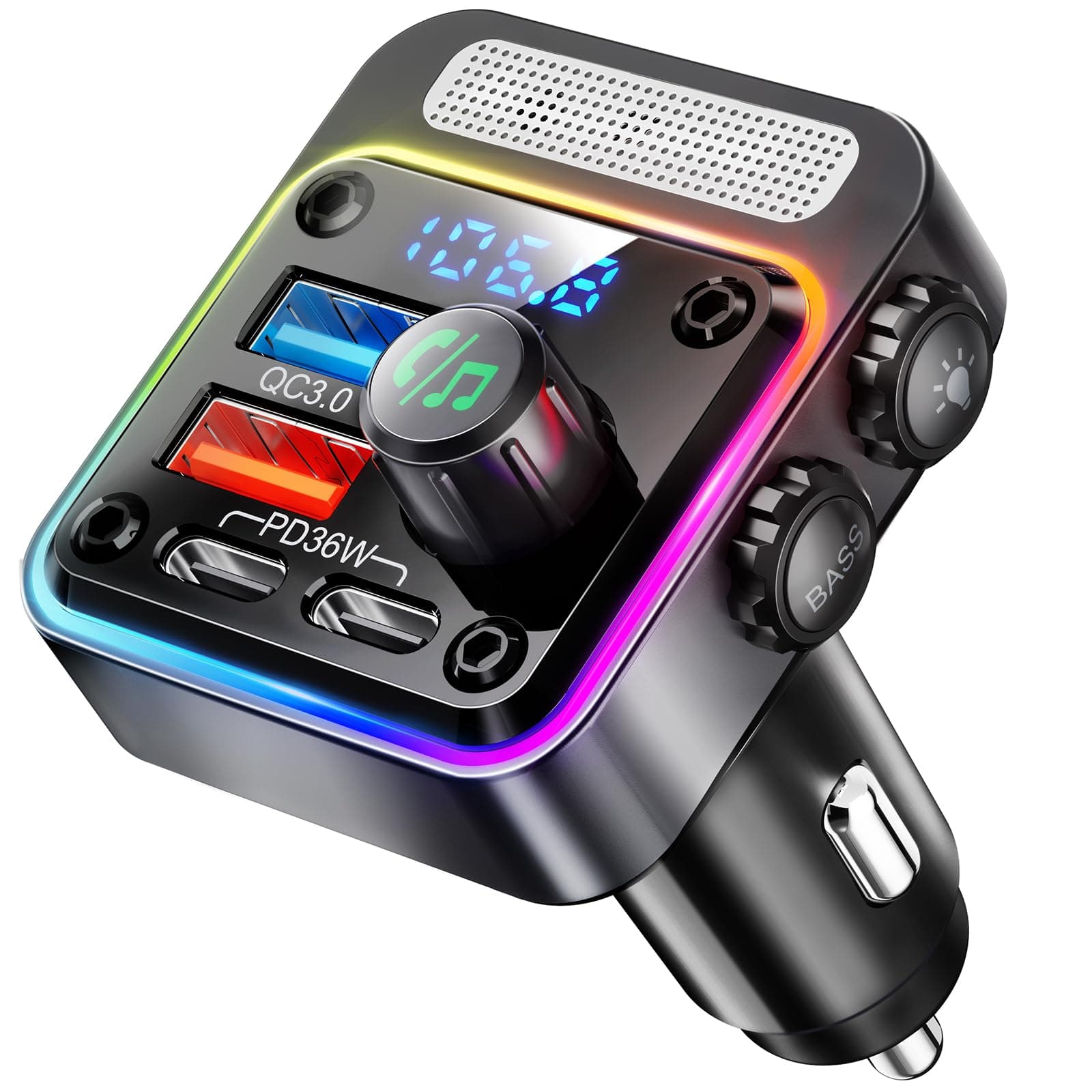 Nulaxy Bluetooth 5.3 FM Transmitter 54W [PD 36W & QC3.0 18W] Fast Car Charger with 4 Charging Ports, Deep Bass Bluetooth Adapter Car Hands-Free Kit with 5-Colour LED, NX16 Black