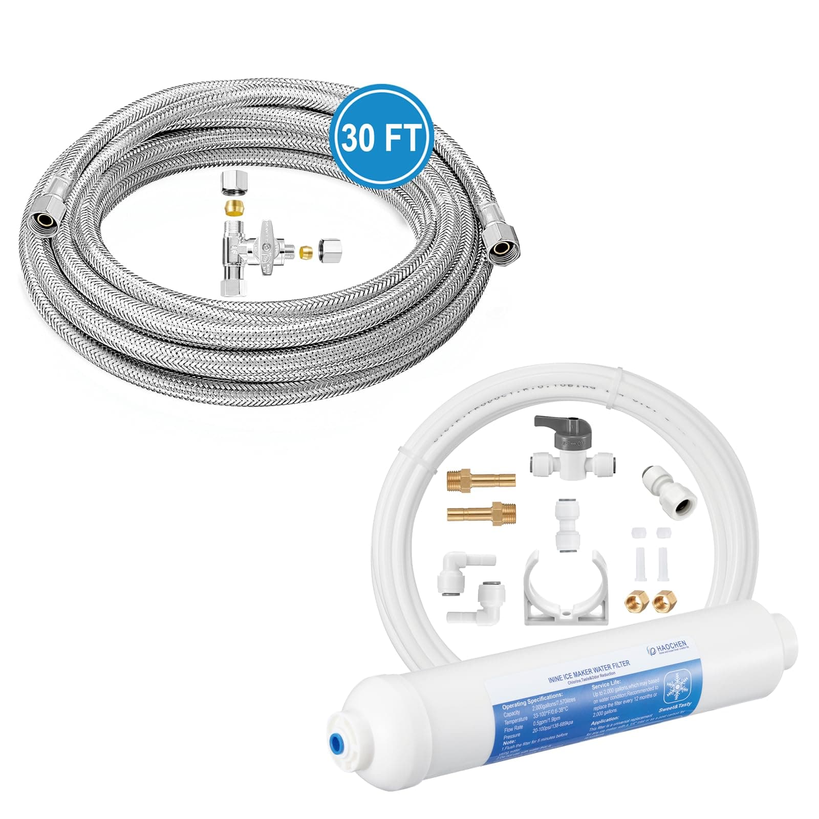 30 FT Stainless Steel Braided Refrigerator Water Line Kit + Inline Water Filter Kit for Ice Maker and Refrigerator