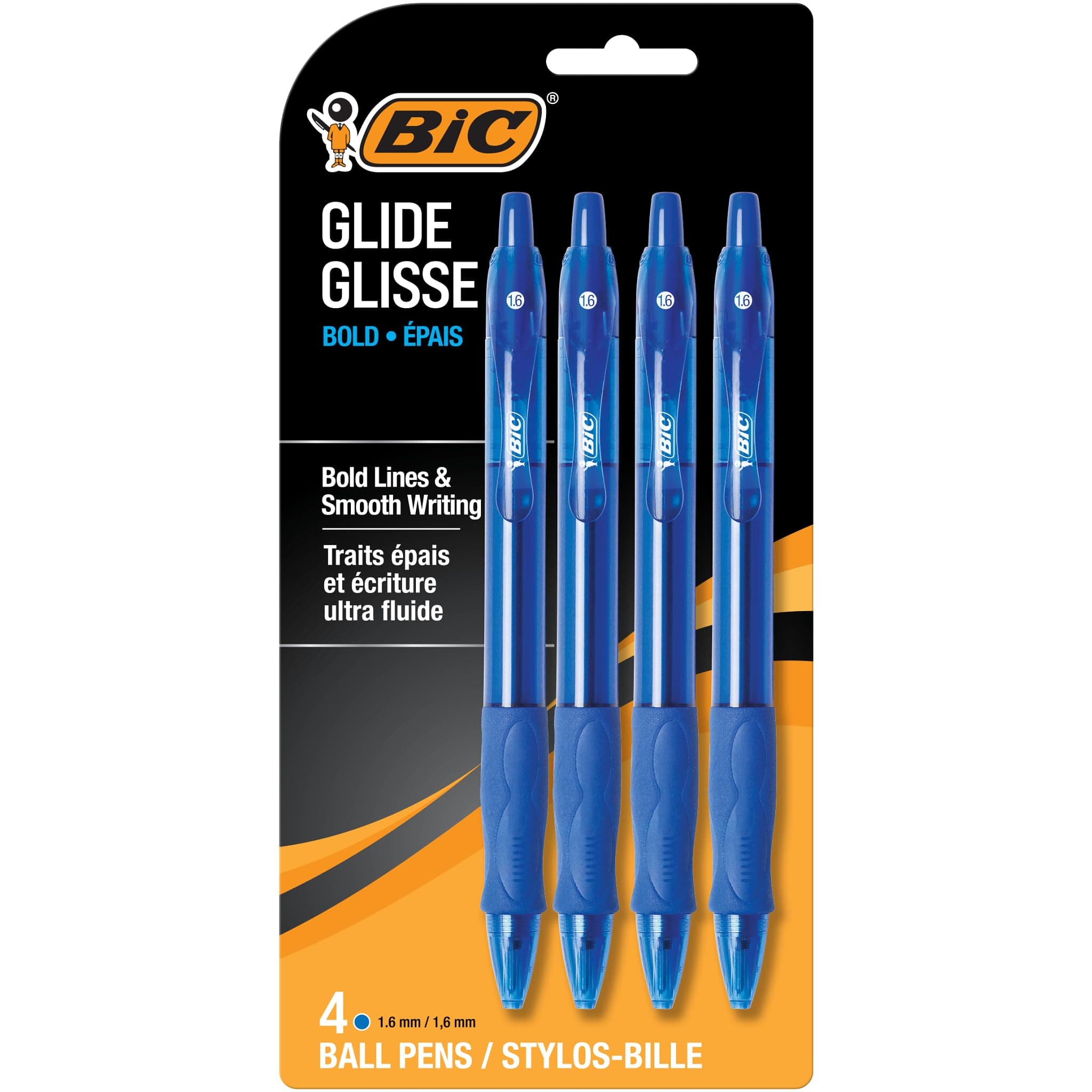 Glide Bold Blue Ballpoint Pens, Bold Point (1.6mm), 4-Count Pack, Retractable Ballpoint Pens With Comfortable Full Grip