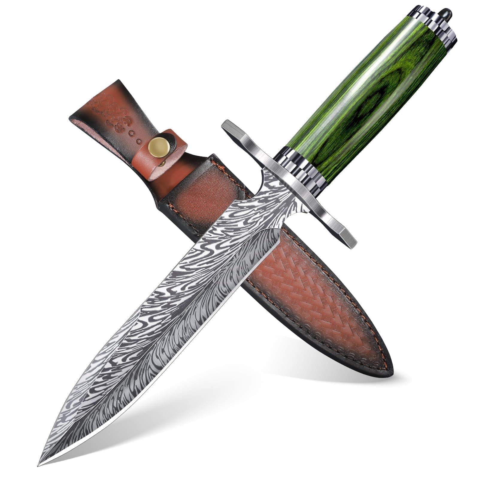 Fixed Blade Knife with Leather Sheath, Survival Camping Damascus Feather Knives D2 Steel with Green Pakkawood Handle, Damascus Knife for Outdoor Use